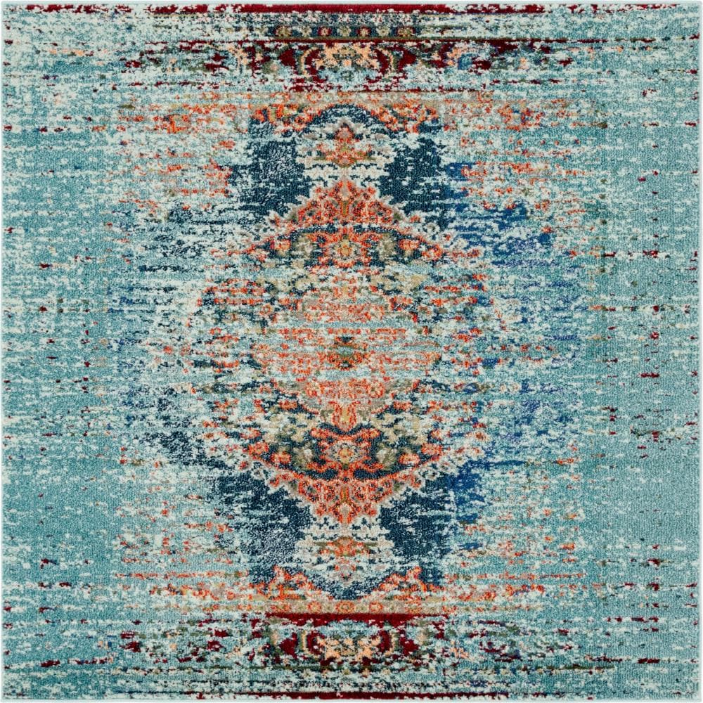 Unique Loom 3144739 Warhol Vita 6 x 6 (ft) Loomed Polypropylene Turquoise/Navy Blue Square Indoor Medallion Oriental Area rug