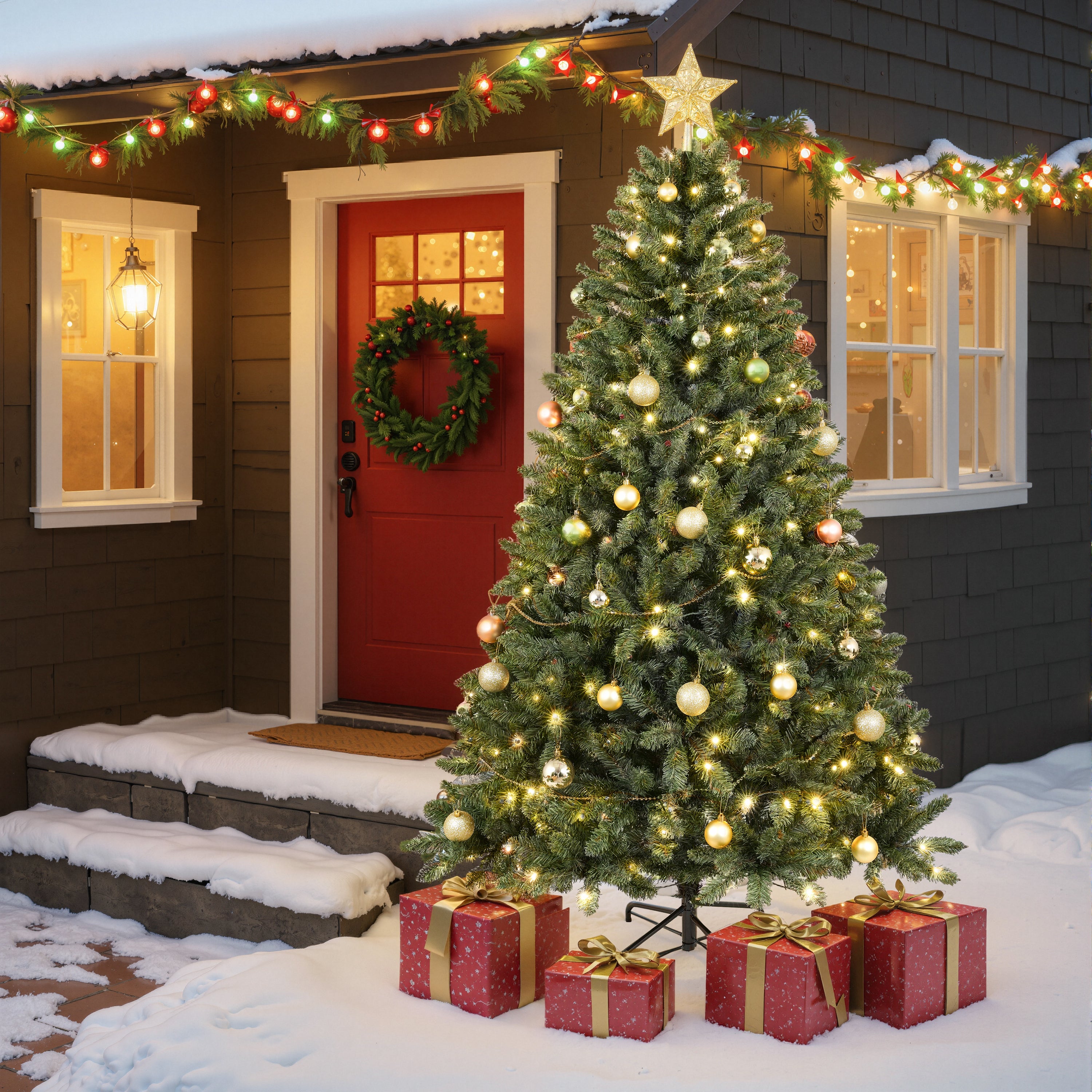 Boyel Living 6FT Christmas Tree with 250 Warm White LED Lights – 1000 PVC and Hard Needle Tips Hinged Branch Design Sturdy Metal Stand – Full Realistic Holiday Tree