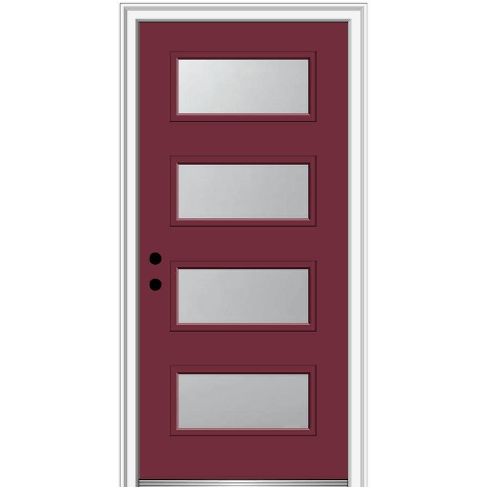 MMI DOOR ZZ346978R Spotlights 36-in x 80-in x 4-9/16-in Fiberglass Pulse lite Right-hand inswing Burgundy Painted Prehung Front Door with Brickmould Insulating core