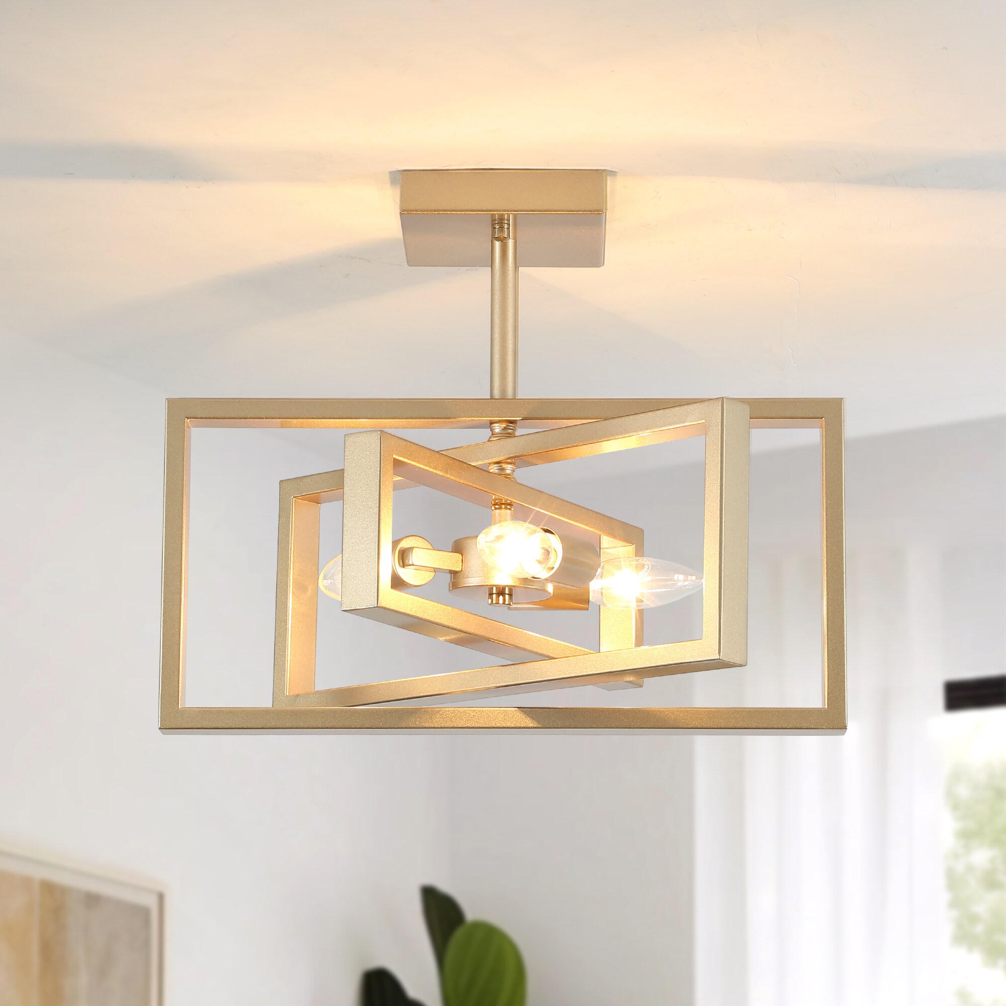 Zjvaive 15.8-in 3-Light Matte Gold Modern Geometric Semi Flush Mount Ceiling Light With Metal Cage