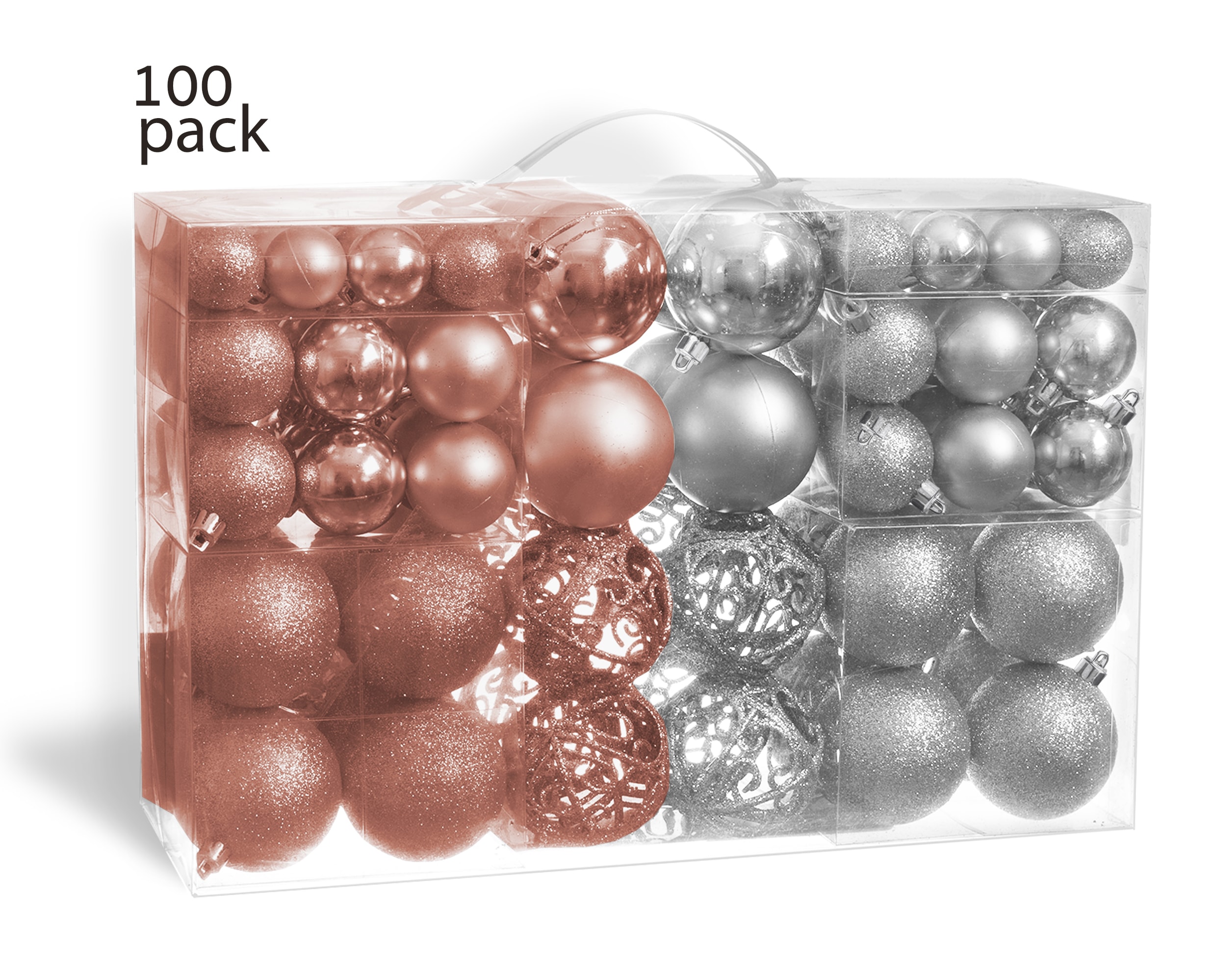 Rose Gold and Silver Shatterproof Christmas Ornament Set with Metal Hooks