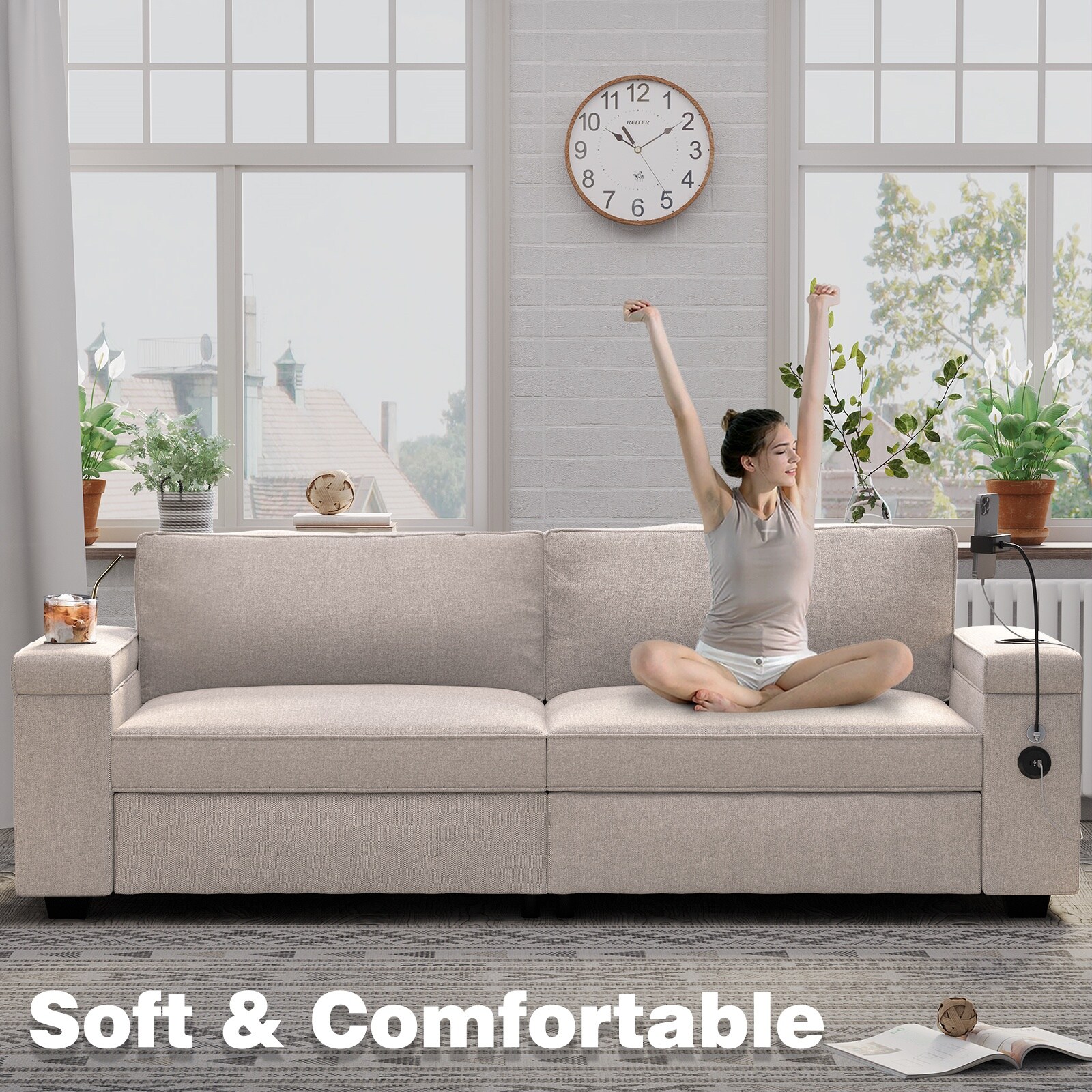 Person stretching on beige sofa in bright room
