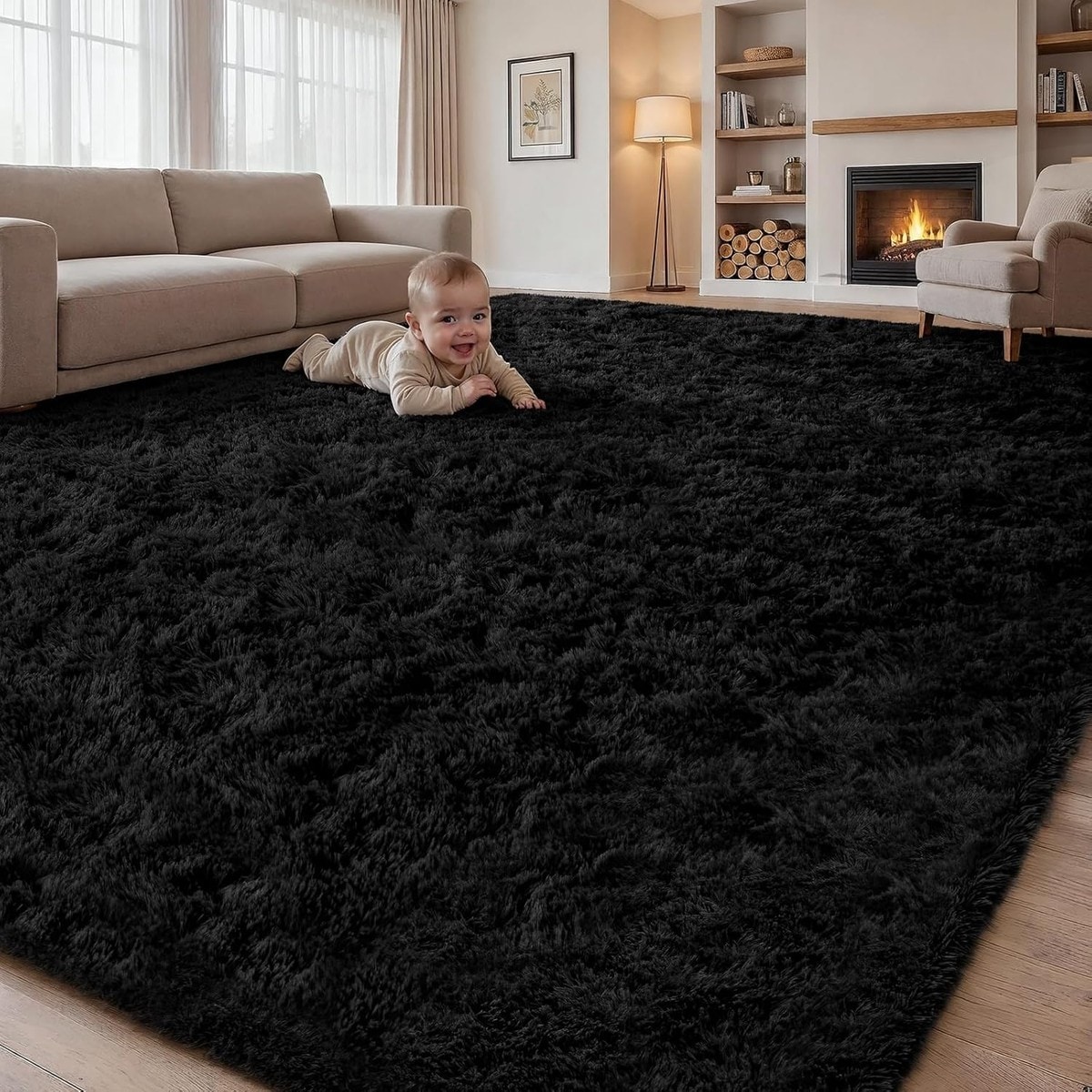 Rifunaw 8x10 Area Rug for Living Room Bedroom Fluffy Shag Carpet Black ...