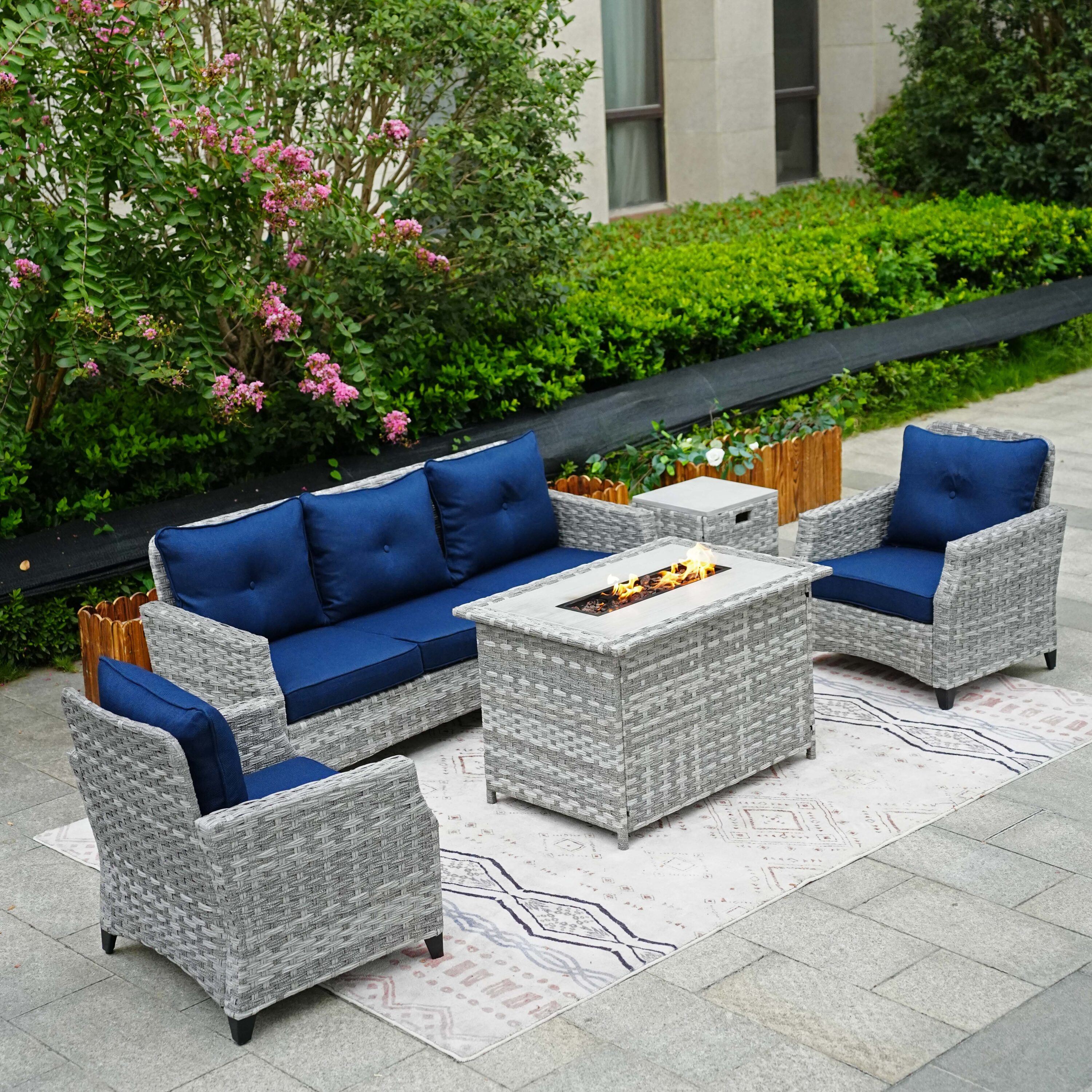Moda Furnishings PAF-1802-H-BLUE 5 -Piece Wicker Patio Sofa Conversation Set with Navy Cushions