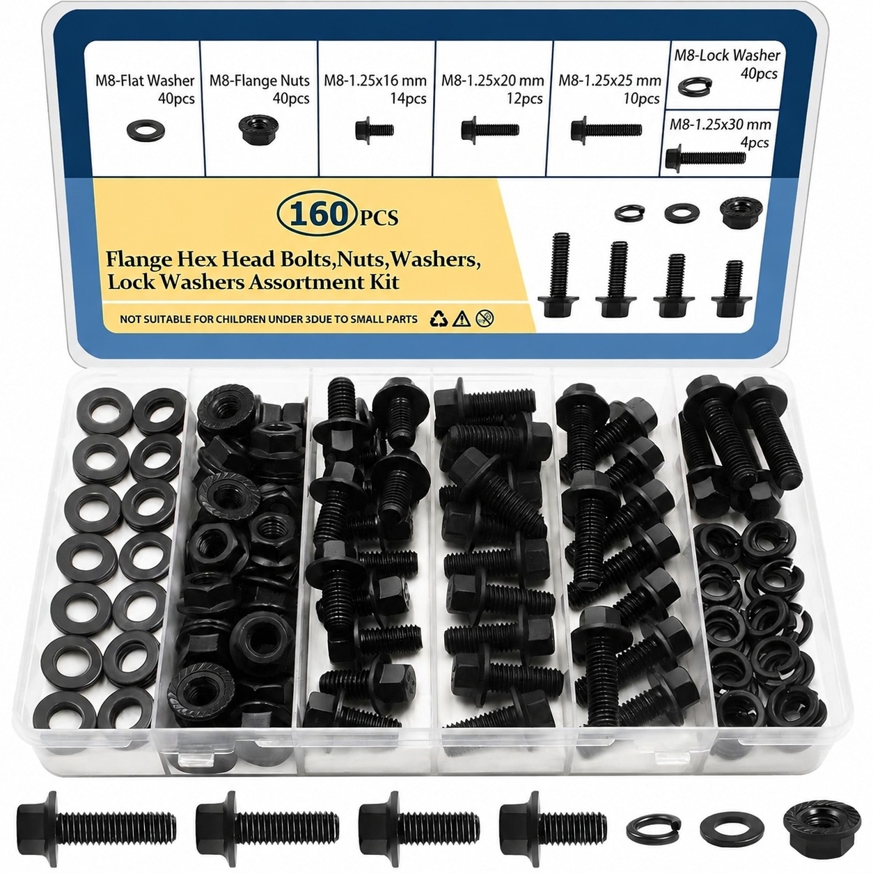 SenQWFa  M8-1.25 Flange Head Bolts Assortment Kit 160 Piece with Washers Nuts Alloy Steel Black Oxide Finish Plated Full Thread Various Lengths