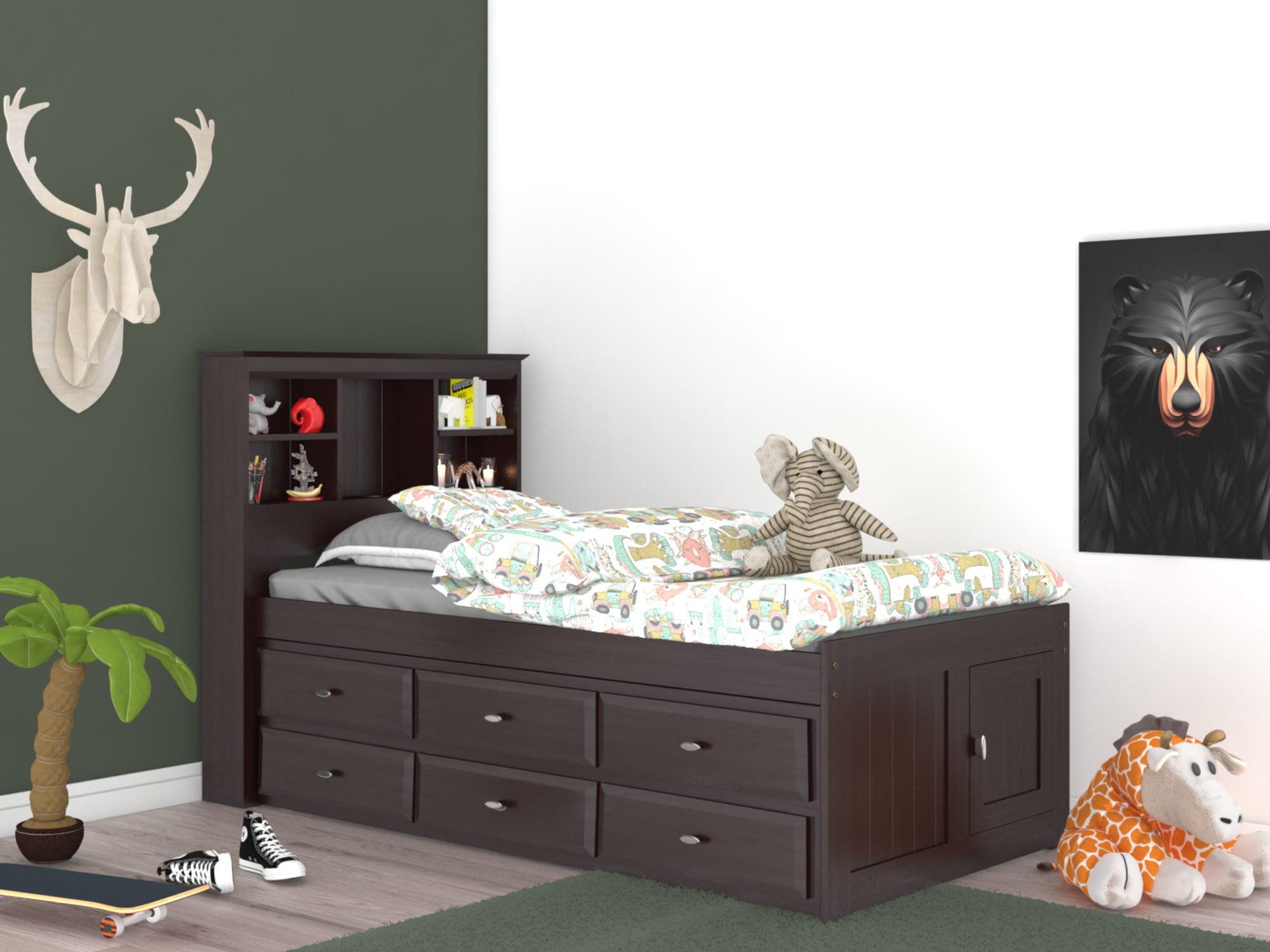 OSHOME 82920K6-22 Dark Espresso Twin Wood Captain Bed with Storage