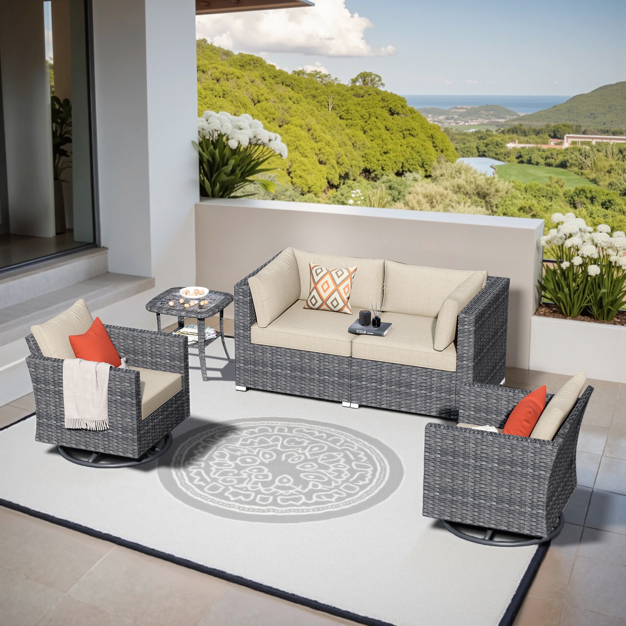 Pouuin SYZHOP6-BOX1 5 -Piece Rattan Patio Conversation Set with Off-white Cushions