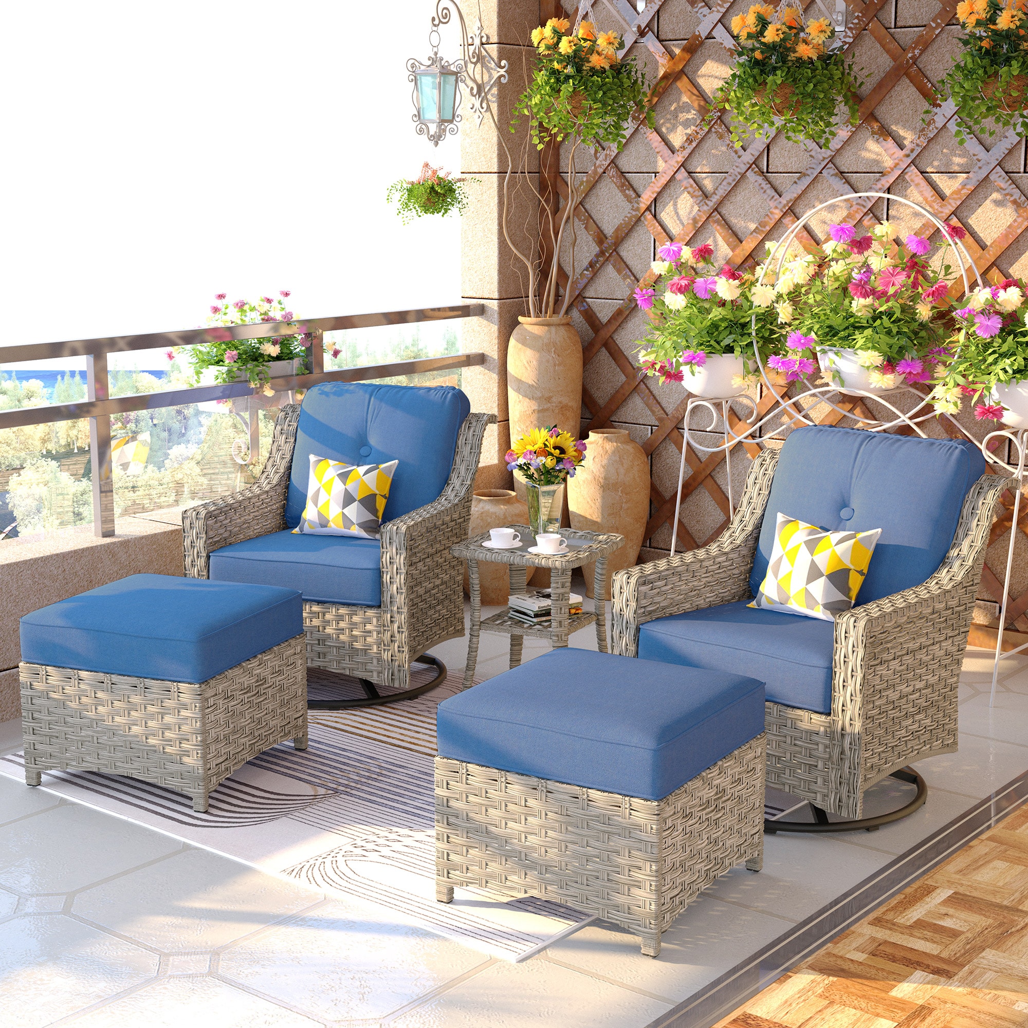 Ovios PD5-5Y Set of 2 Wicker Black Metal Frame Swivel glider Conversation Chair with Blue Cushioned Seat