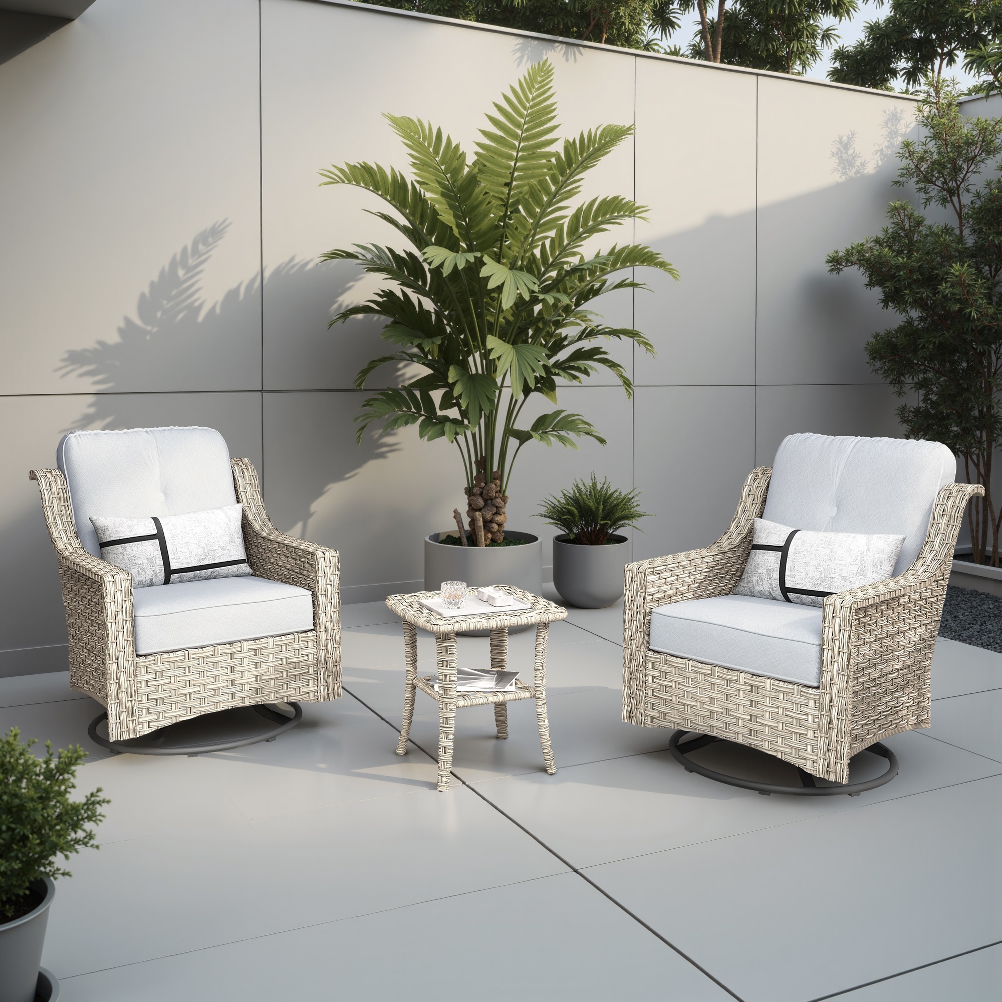 weaxty HMBPADYZ400S3 Aireno Set of 2 Wicker Black Steel Frame Swivel rocker Conversation Chair with Gray Cushioned Seat