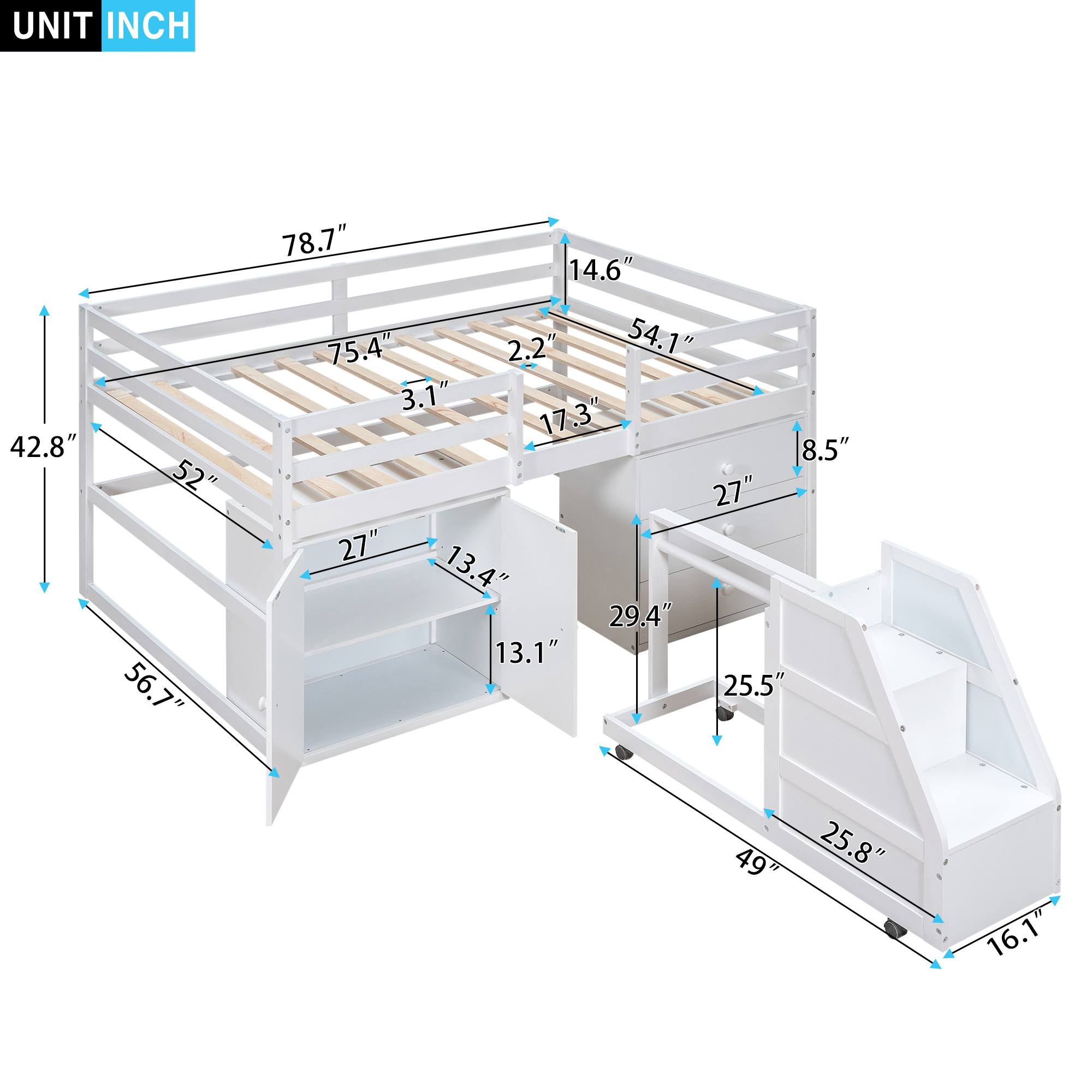 Yiekholo White Full Loft Bed with Stairs and Storage, Kids Low Loft ...