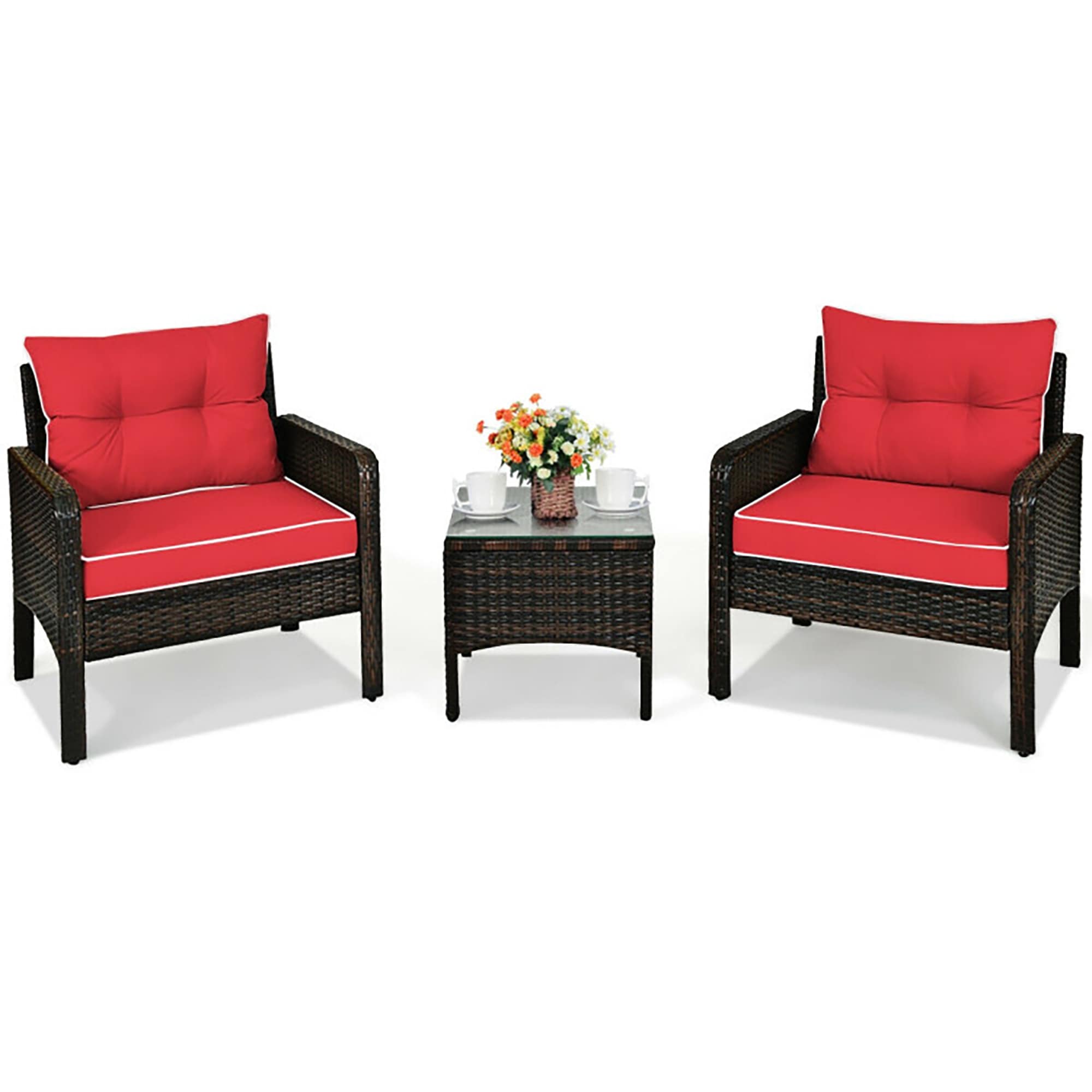 CASAINC CEW-HZ012RDDB05 Outdoor Furniture Sets 3 -Piece Rattan Patio Conversation Set with Red Cushions
