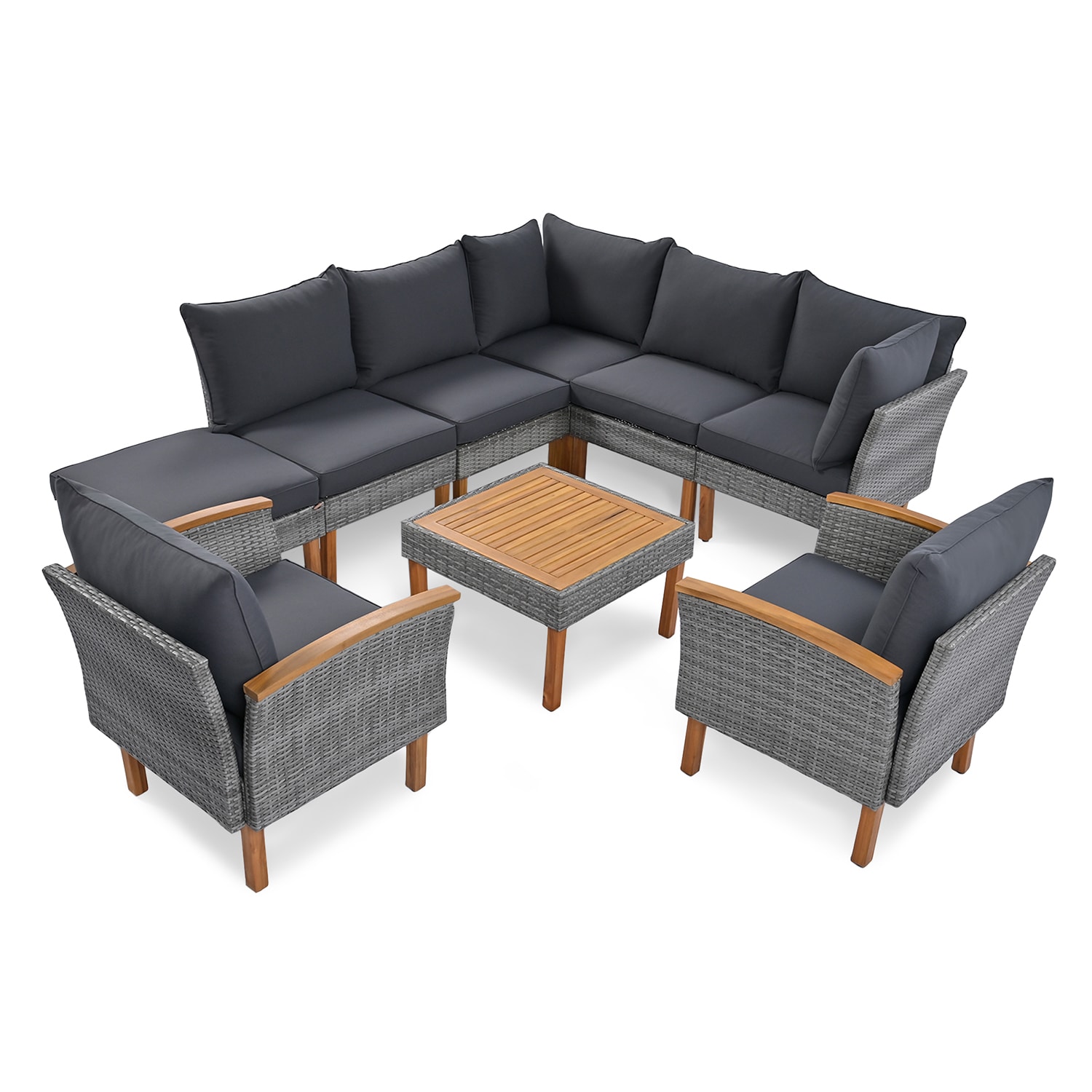 SINOFURN SYA380189GY Rattan Outdoor Sectional with Gray Cushions and Acacia Frame