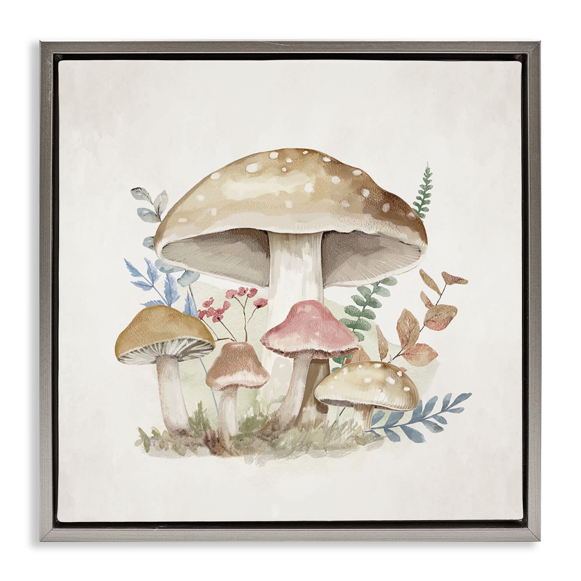 Stupell Industries BS-652-FFL-17X17 Neutral Cottage Mushrooms Gray Framed Floater Canvas Wall Art By Mollie B. 18 x 18
