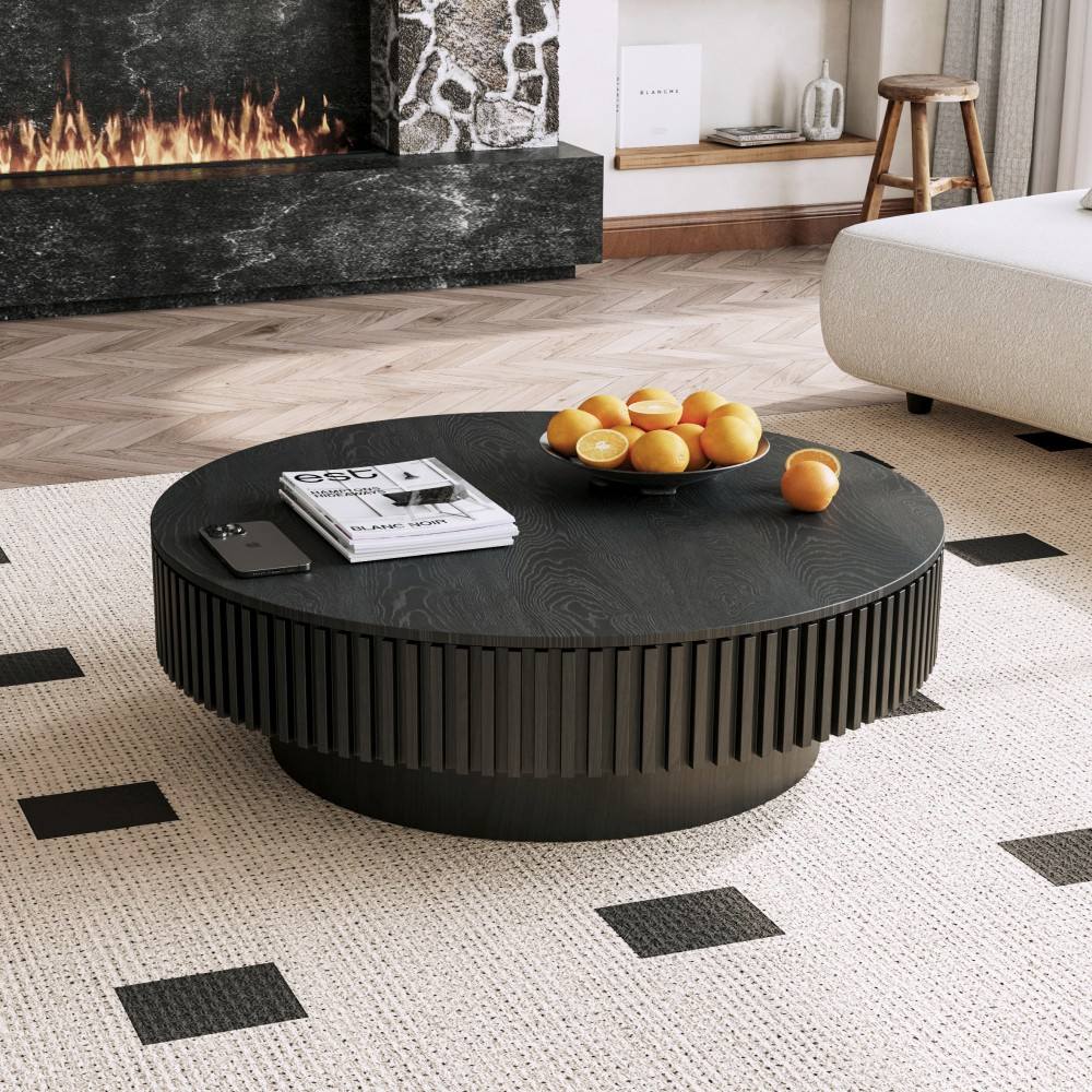 Coolbibila ELLA-COFFEE-BLACK 39 Inch Round Fluted Wood Coffee Table with Hidden Storage and Black Wood Finish for Living Room