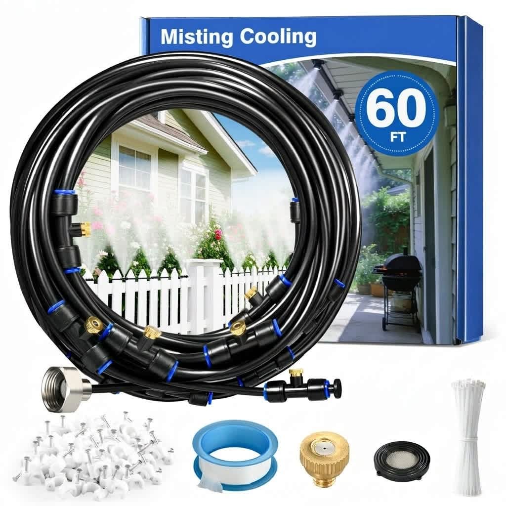 Aoibox  60FT Outdoor Patio Misting Cooling System Kit with 19 Brass Nozzles 3/4 Inch Adapter Tool-Free Leak-Proof for Garden Greenhouse Pool