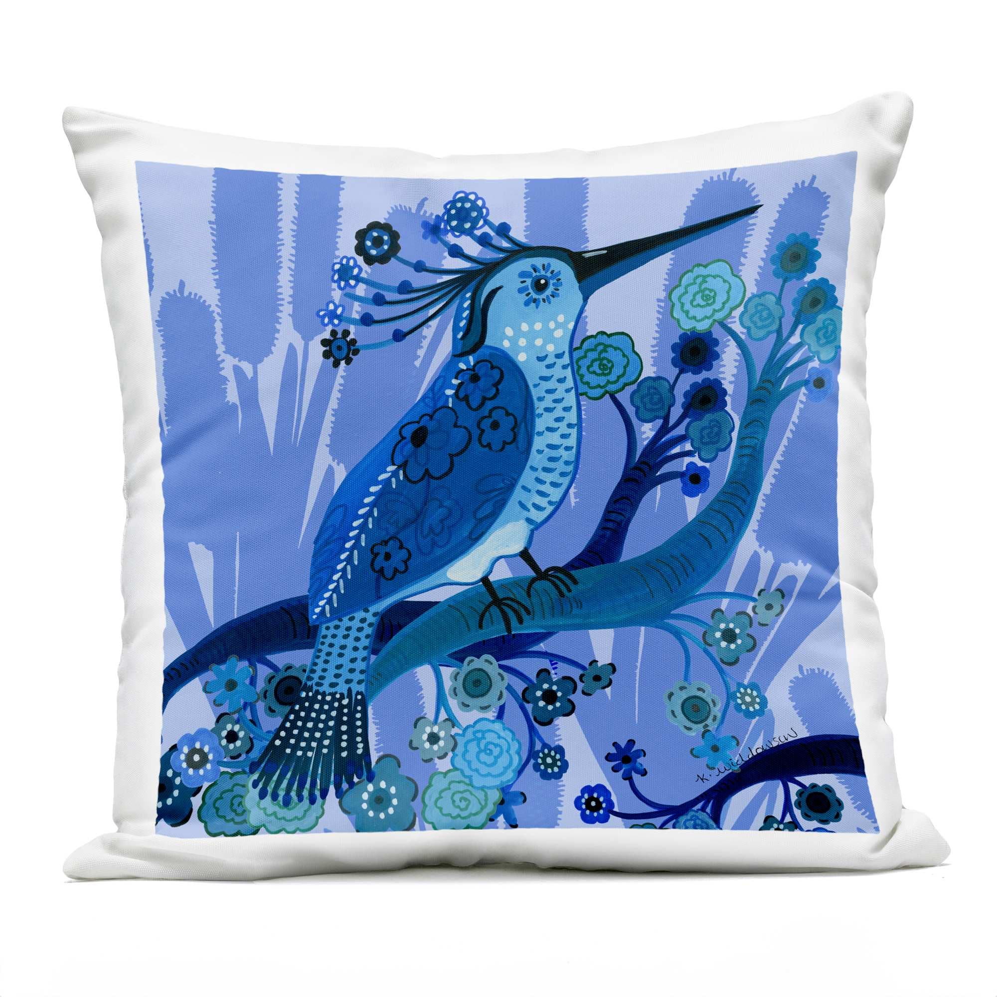 Stupell Industries PLO-924-OSQ-18X18 Folk Style Blue Bird Outdoor Printed Pillow design by Kay Widdowson