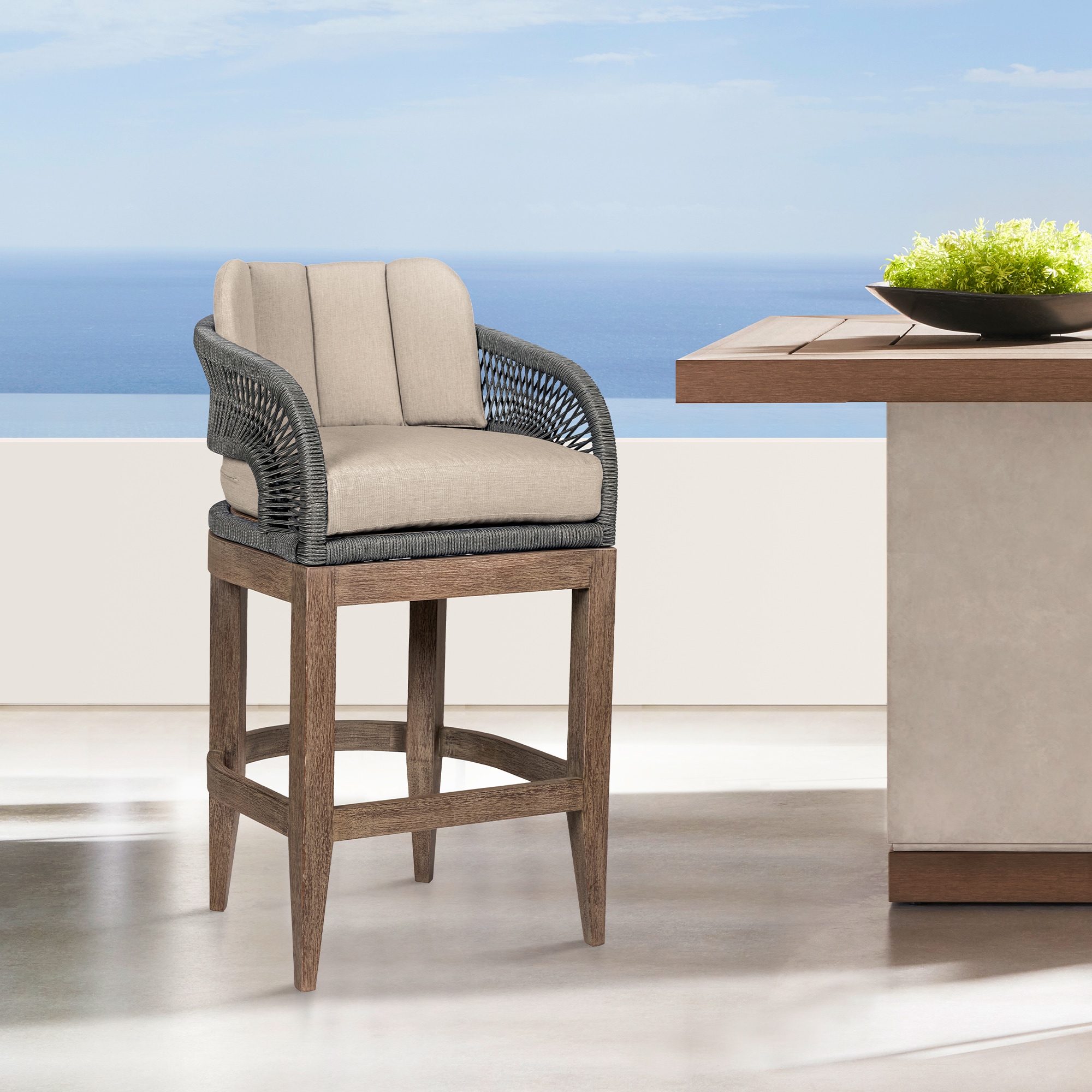 26" Weathered Eucalyptus Outdoor Counter Stool with Gray Rope and Taupe Cushions