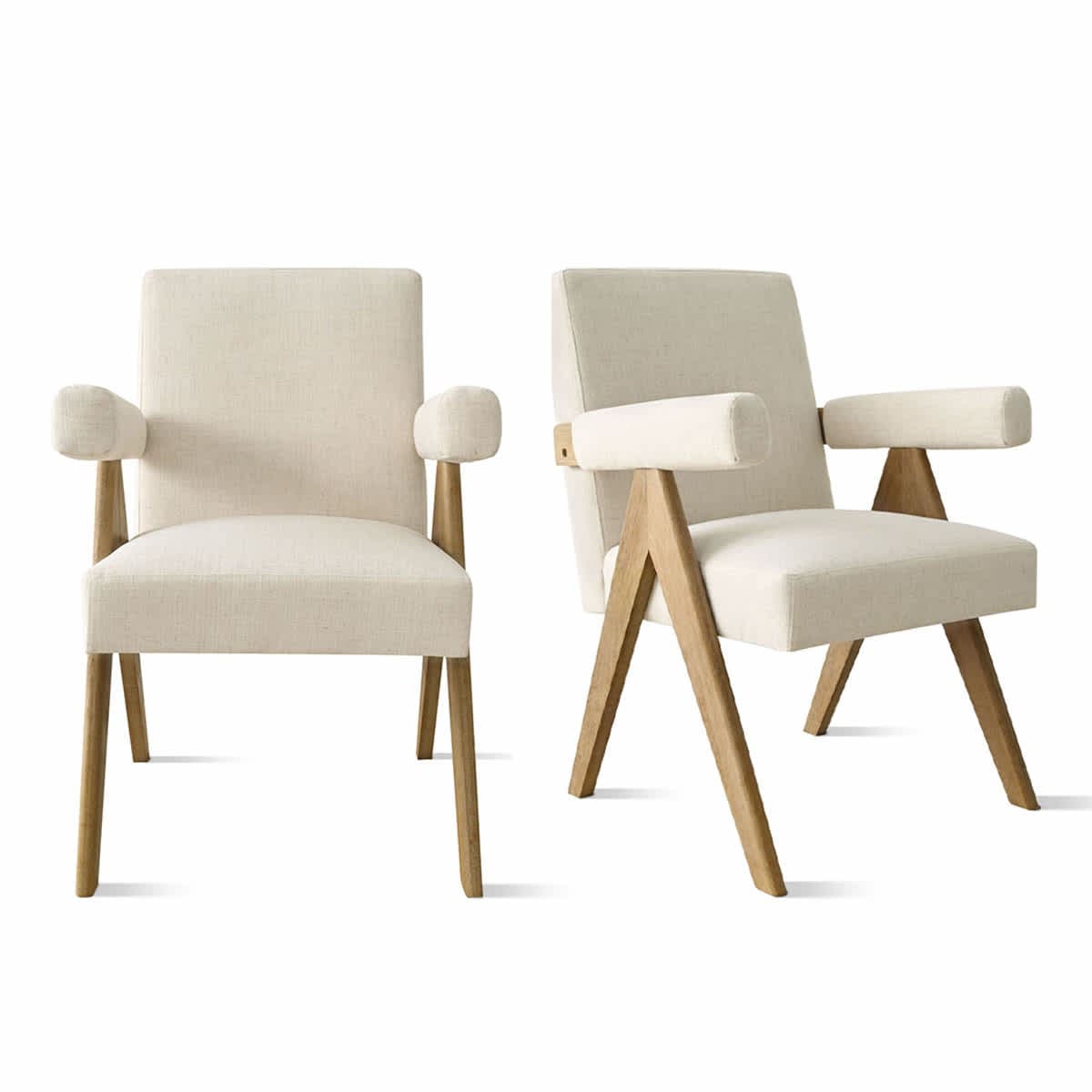 Maison Boucle MORGAN-AC-OK-BEIGE-2 Set of 2 Beige Linen Upholstered Dining Chairs with Solid Wood V Shape Legs for Kitchen