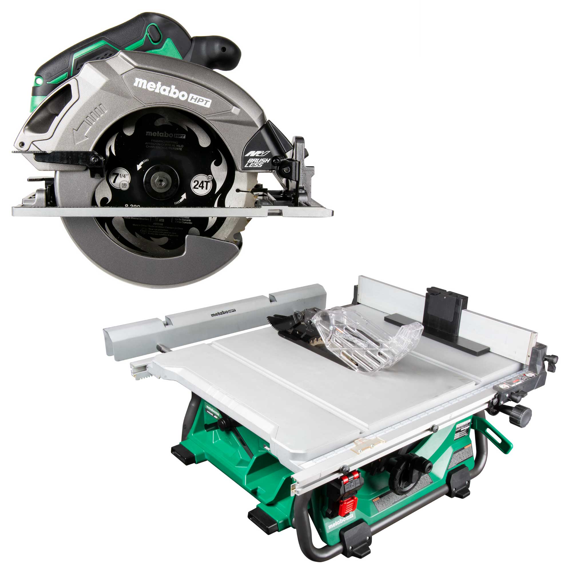 Metabo HPT MultiVolt 36-Volt 7-1/4-in Brushless Circular Saw with MultiVolt 36-Volt 10-In Carbide-Tipped Blade Portable Cordless Table Saw