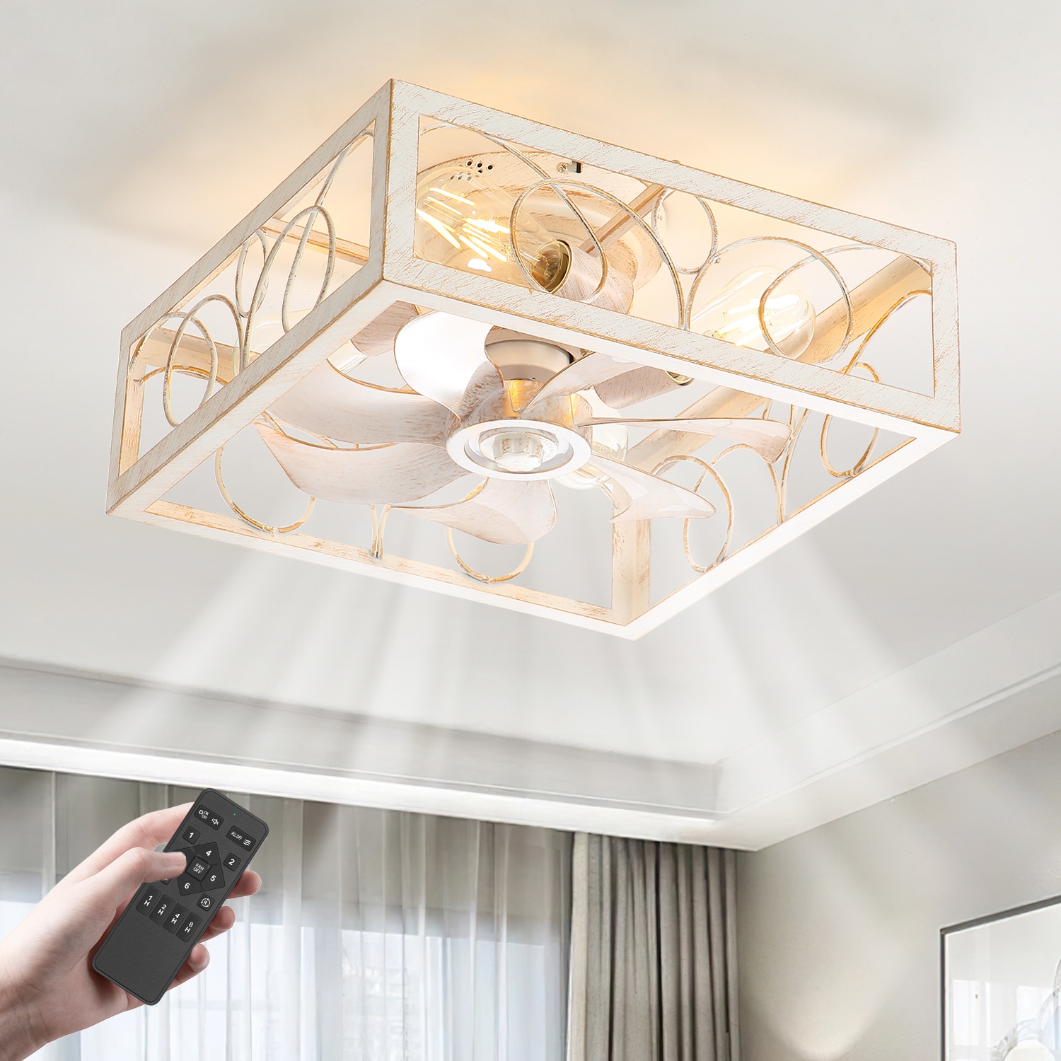 Breezary 35033-WG Square-framed 16-in Flush Mount Distressed White and Gold with White Blades Cage Ceiling Fan With Light - Remote Included ( 7 -Blade )
