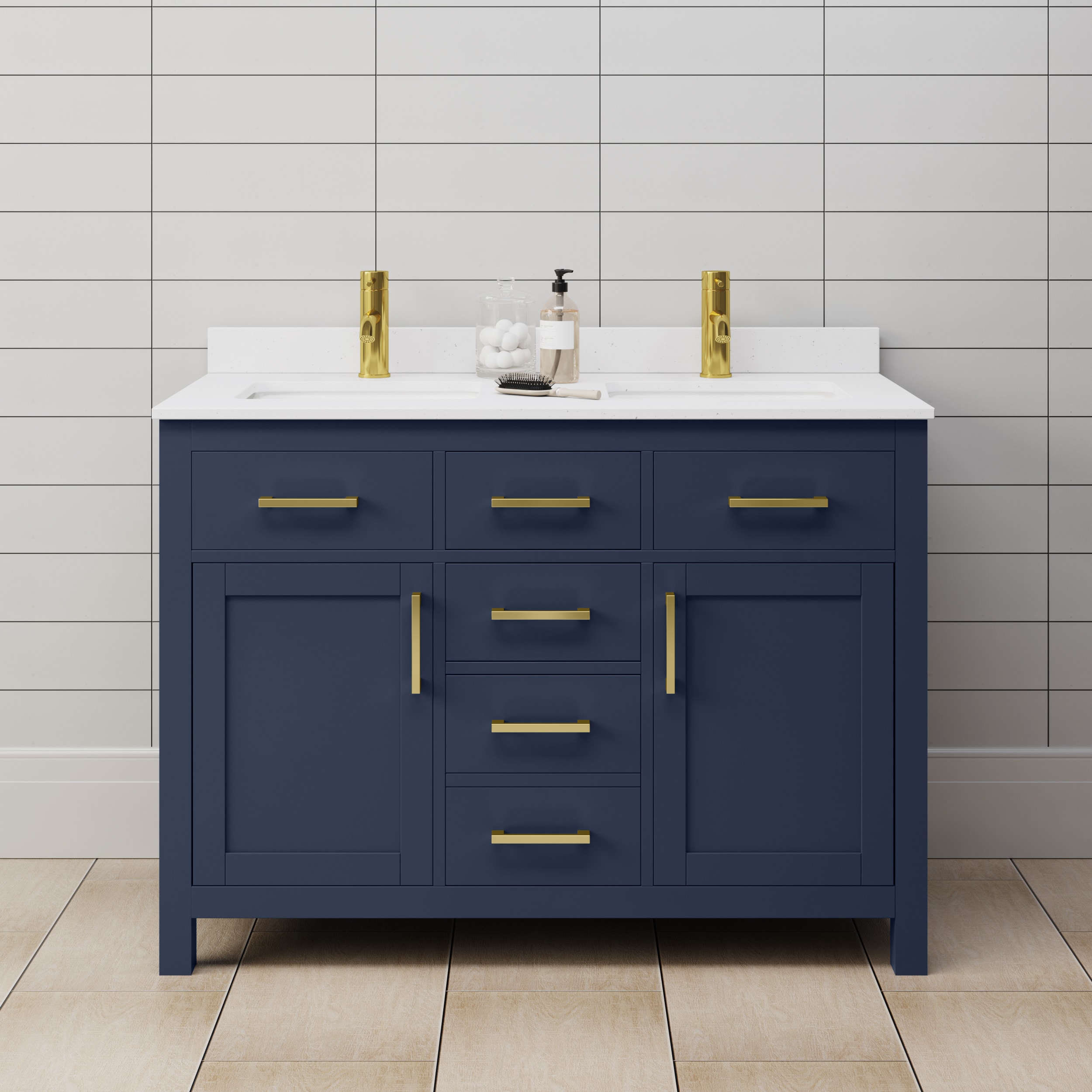 Wyndham Collection WCG242448DBLWCUNSMXX Beckett 48-in Dark Blue with Brushed Gold Trim Undermount Double sink Bathroom Vanity with White Cultured Marble Cultured marble Top