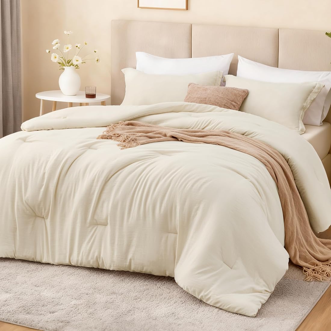 Etokfoks  Beige Twin Twin XL Comforter Set Prewashed Bedding with 1 Comforter and 1 Pillowcase 66 in x 90 in