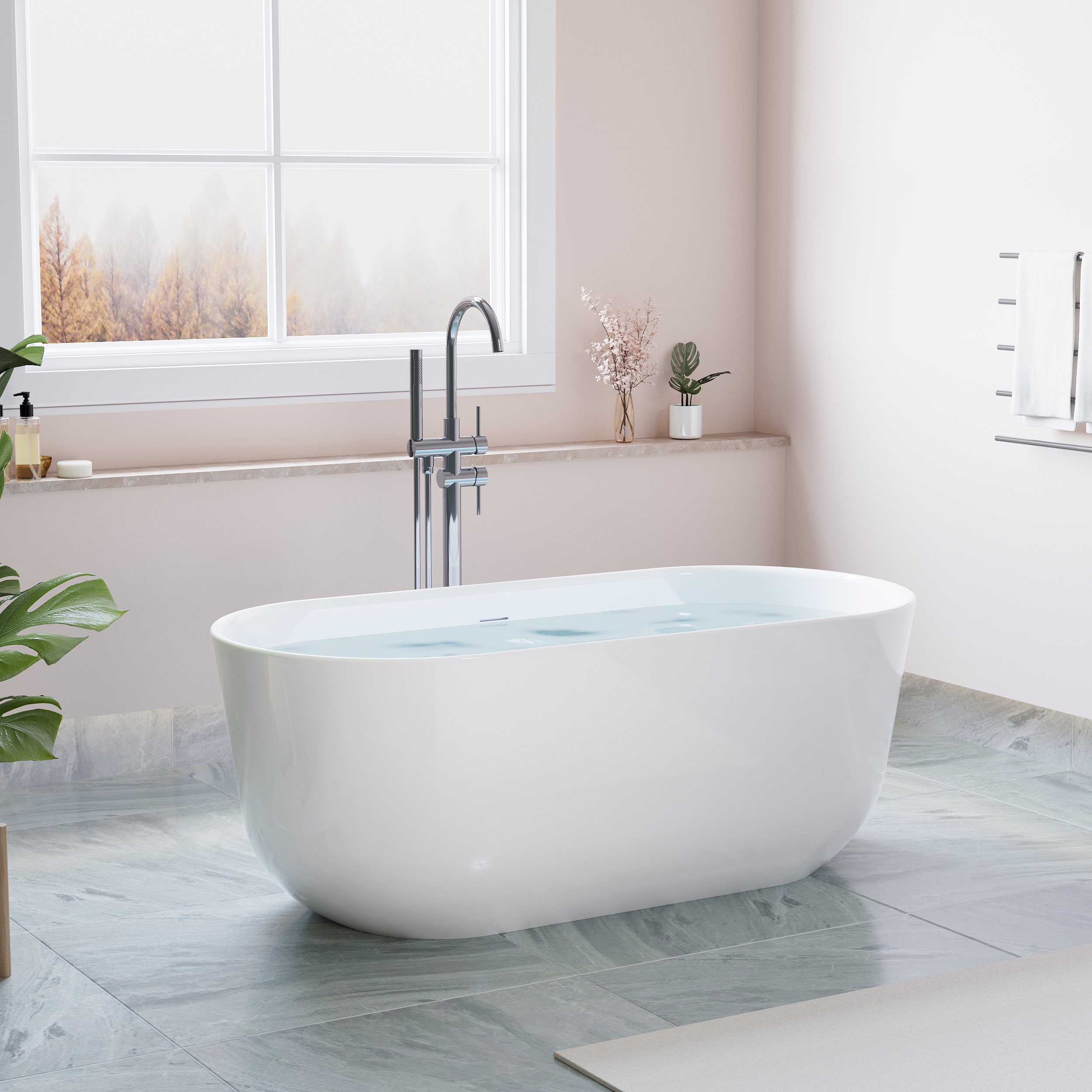 WELLFOR SEREN-150 Seren Acrylic Freestanding Soaking Bathtub 59-in x 28.37-in White Acrylic Oval Freestanding Soaking bathtub with Drain ( Center Drain )