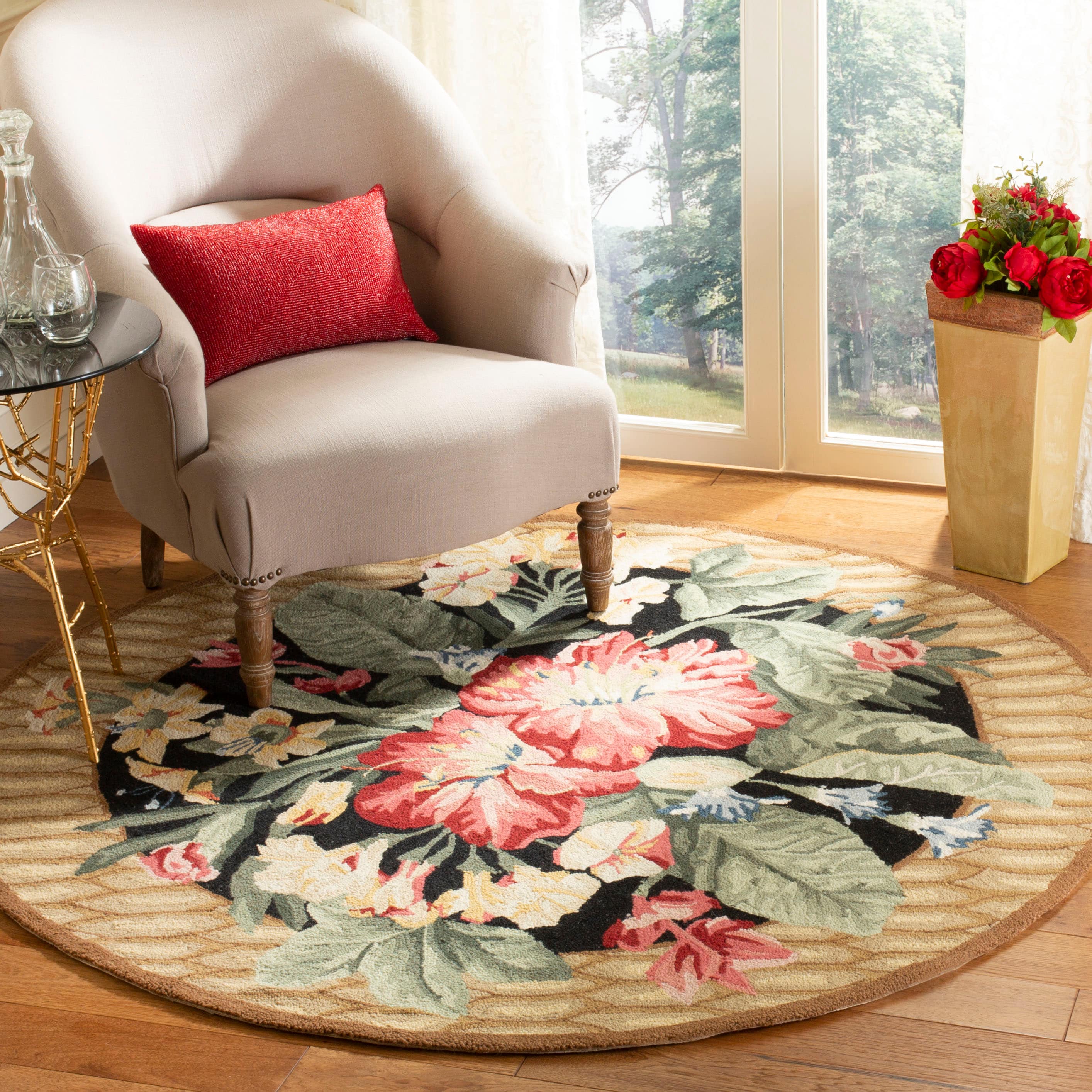 Handmade Black Floral Wool Round Rug, 8' Diameter