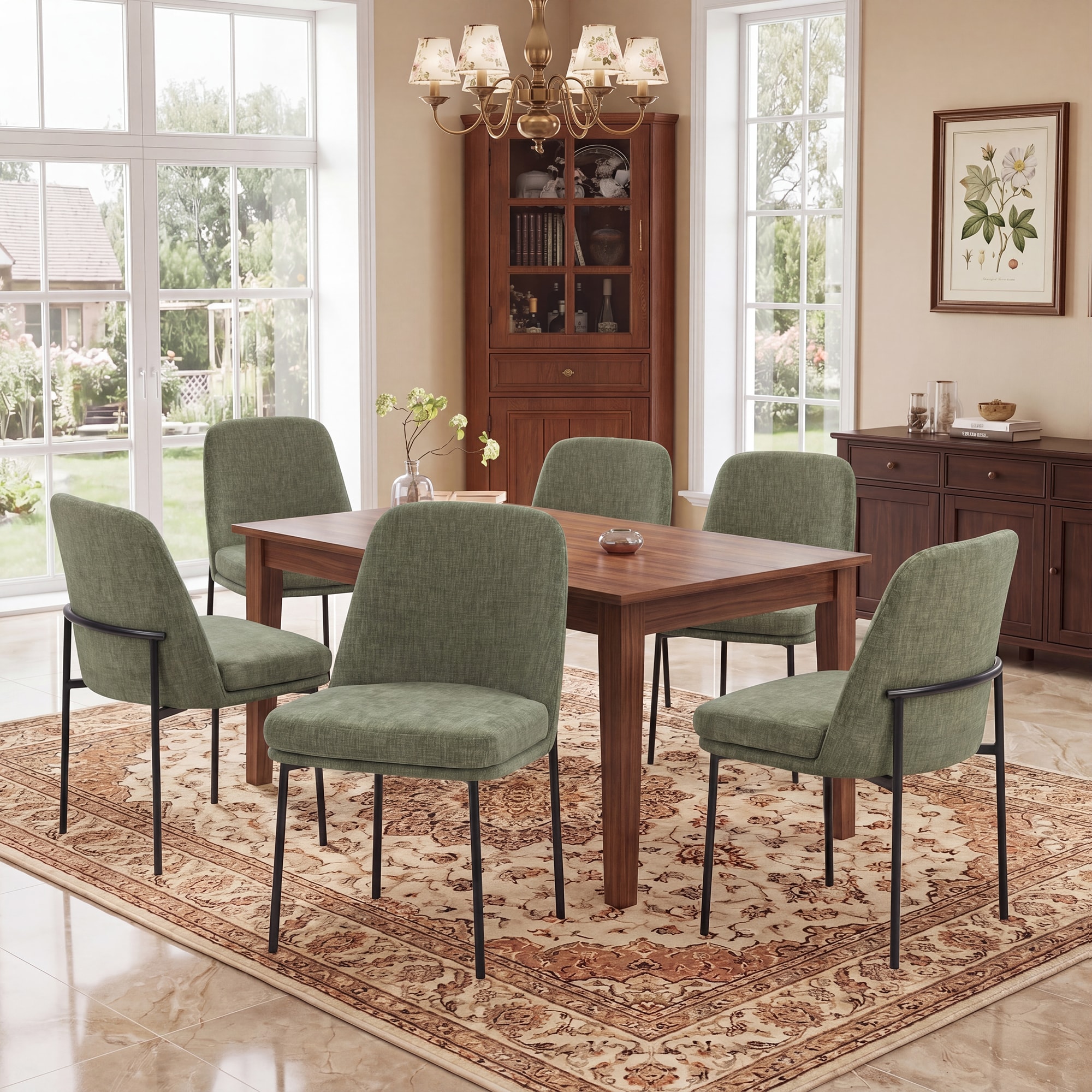 ViviHav Set of 6 Green Upholstered Dining Chairs with Removable Seat Cushion and Metal Frame