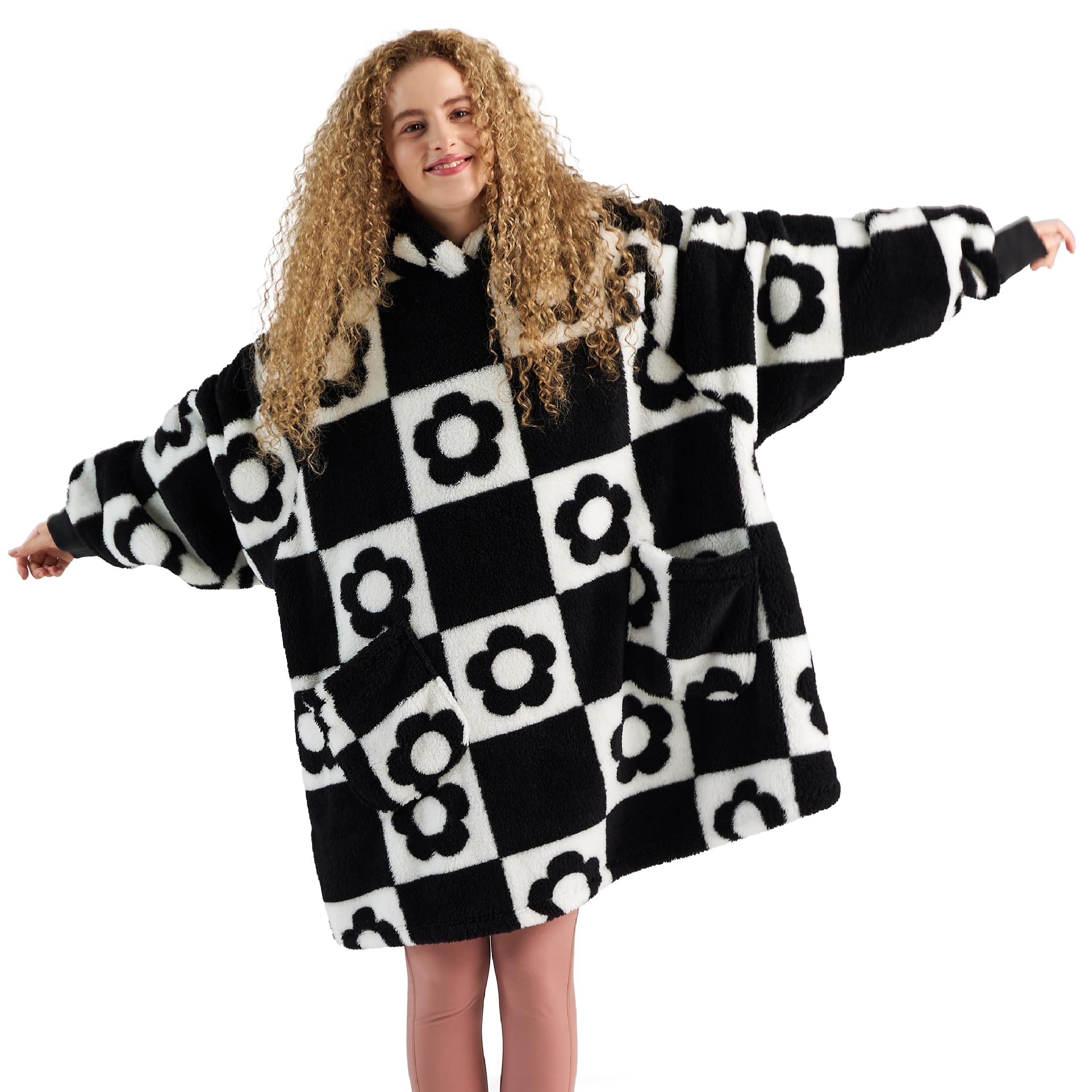 Bedsure 37.4x33.5 Standard White Floral Check Sherpa Wearable Blanket Hoodie