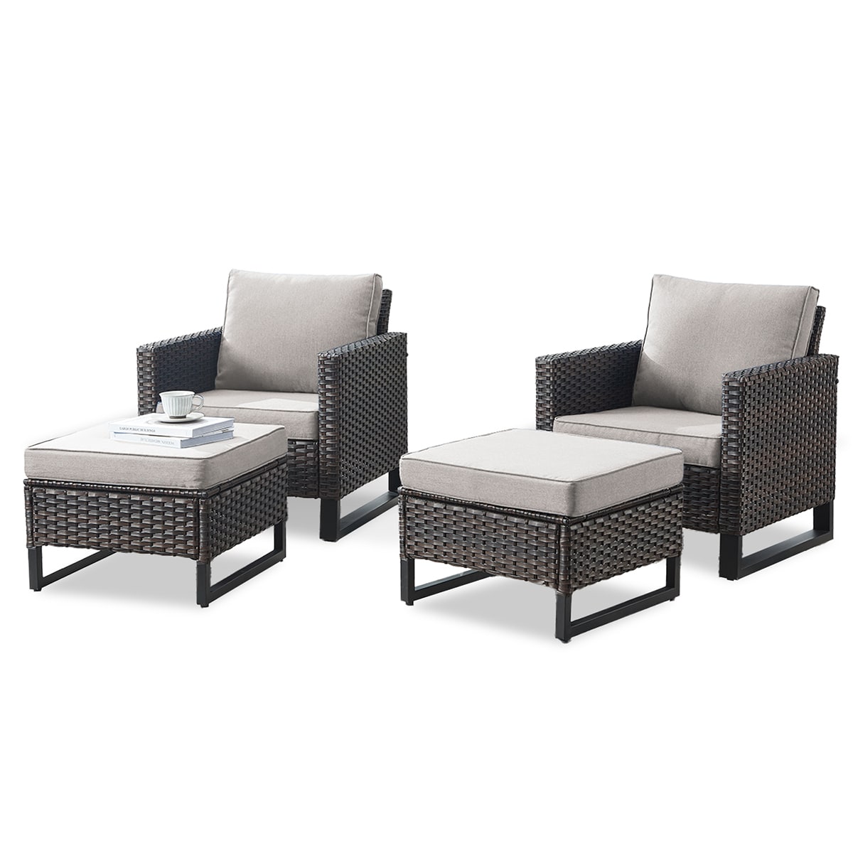 Rilyson FS120119-2 U-FEET Set of 2 Wicker Brown Wicker Frame Stationary Conversation Chair with Brown Beige Cushioned Seat