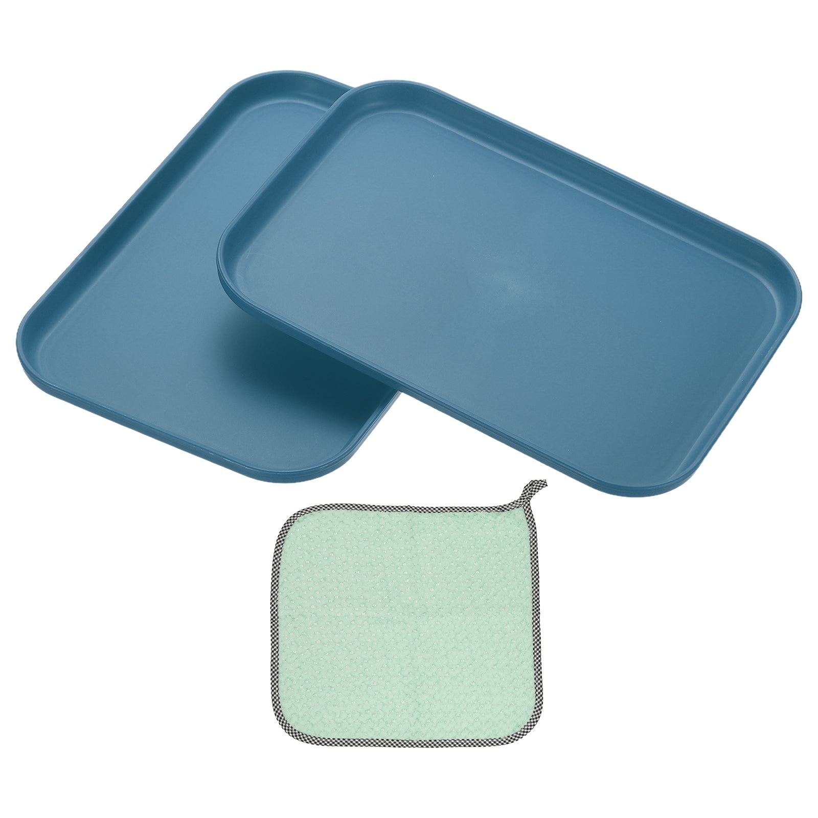 PATIKIL 9.5x6.9 Inch Plastic Tray 2pcs Rectangular Plates Small Food Tray Wheat Plates Dishes Reusable Dessert Plate Trays with Cloth for Cake Fruits Salad Cupcake Steak Serving Dark Blue