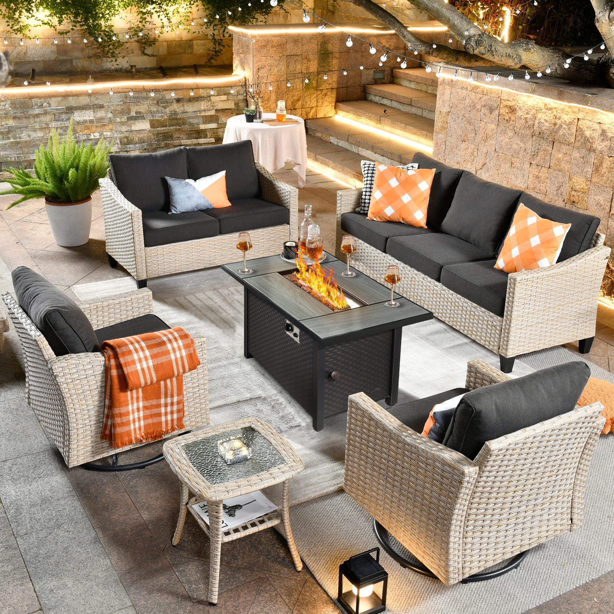 weaxty HMBCFP03-YZLDAR106 Athena 6-Piece Rattan Patio Sofa Conversation Set with Black Cushions