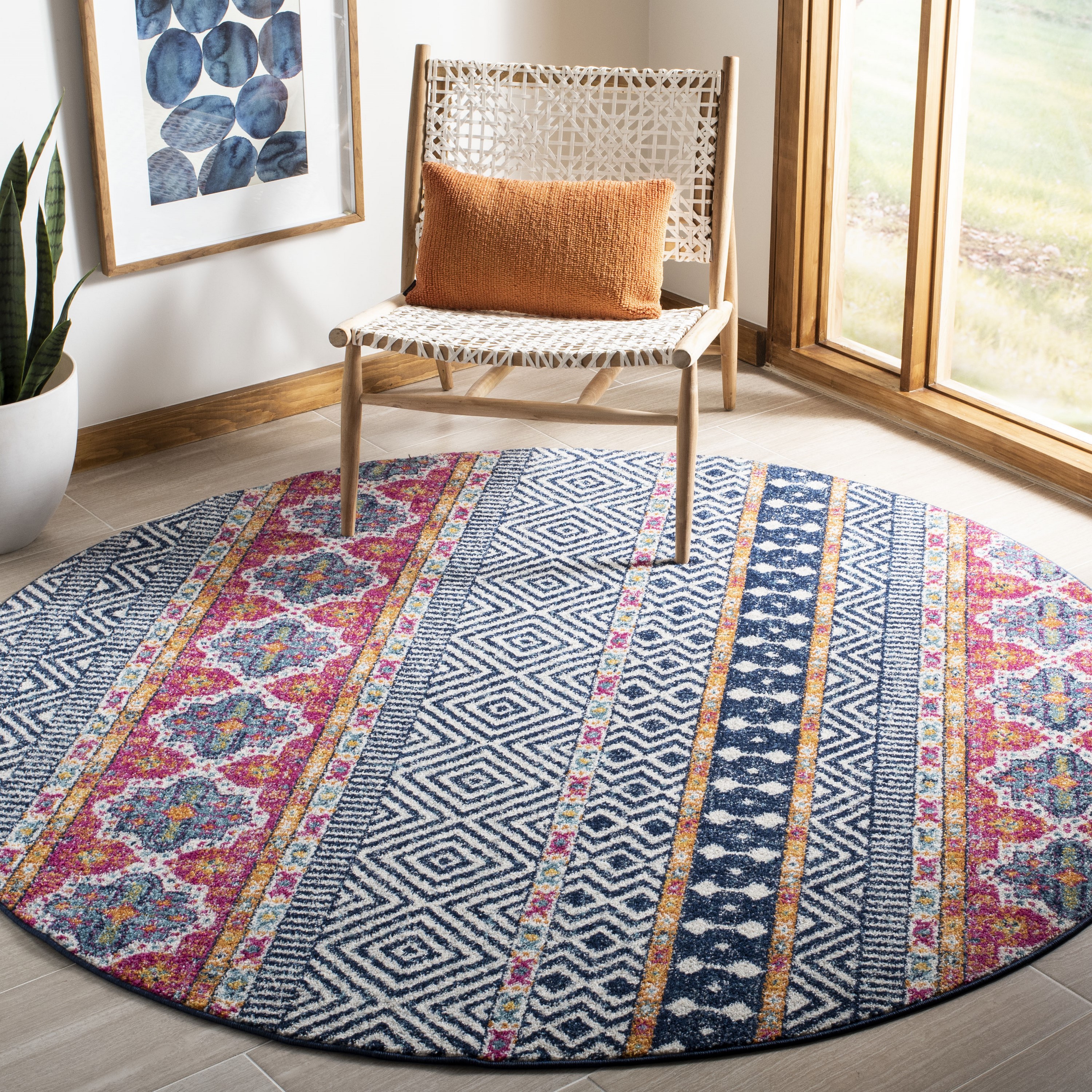 Safavieh MAD797N-7R Madison Orano 7 x 7 (ft) Loomed Synthetic Navy/Ivory Round Indoor Distressed/Overdyed Area rug