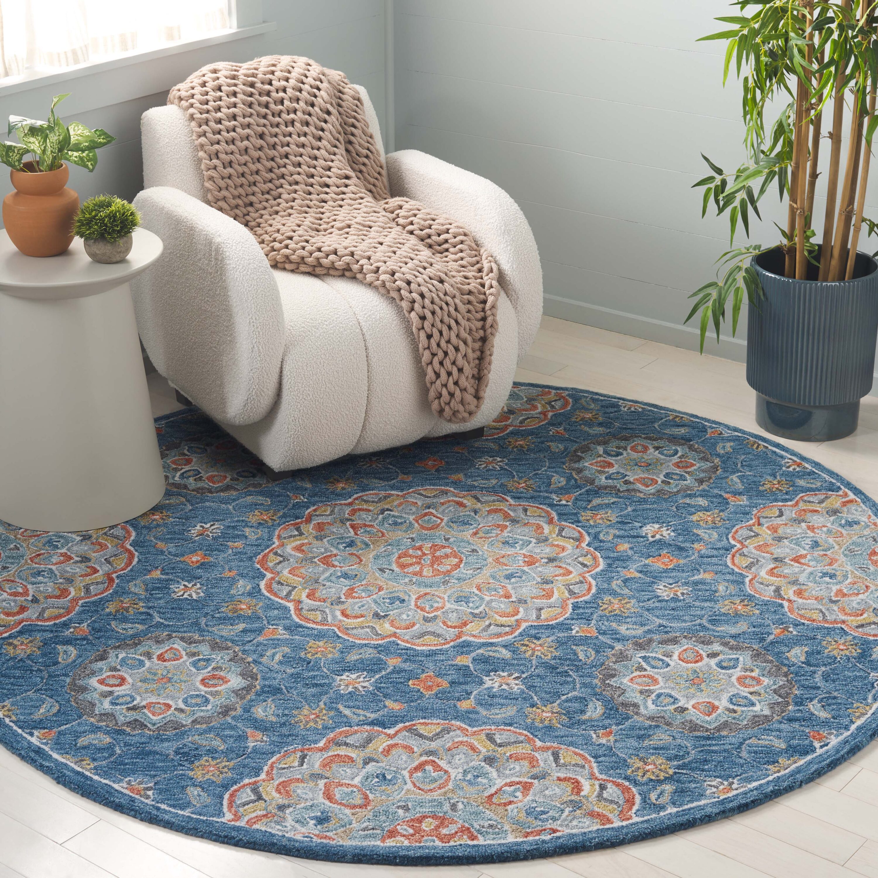  Blossom 690 Blue/Red Bohemian 6ft x 6ft Round Rug