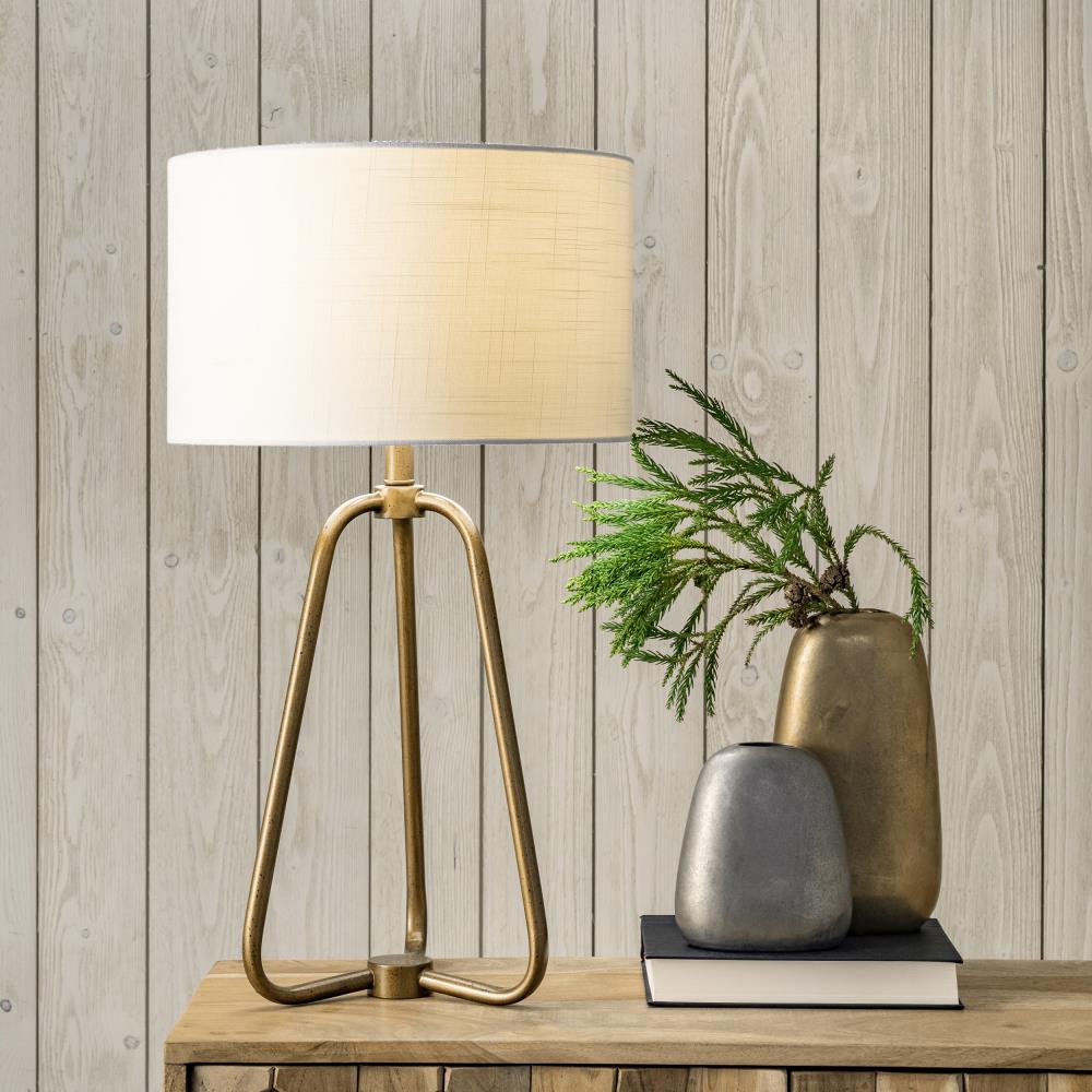 Antique Brass Metal Tripod Table Lamp with White Fabric Shade