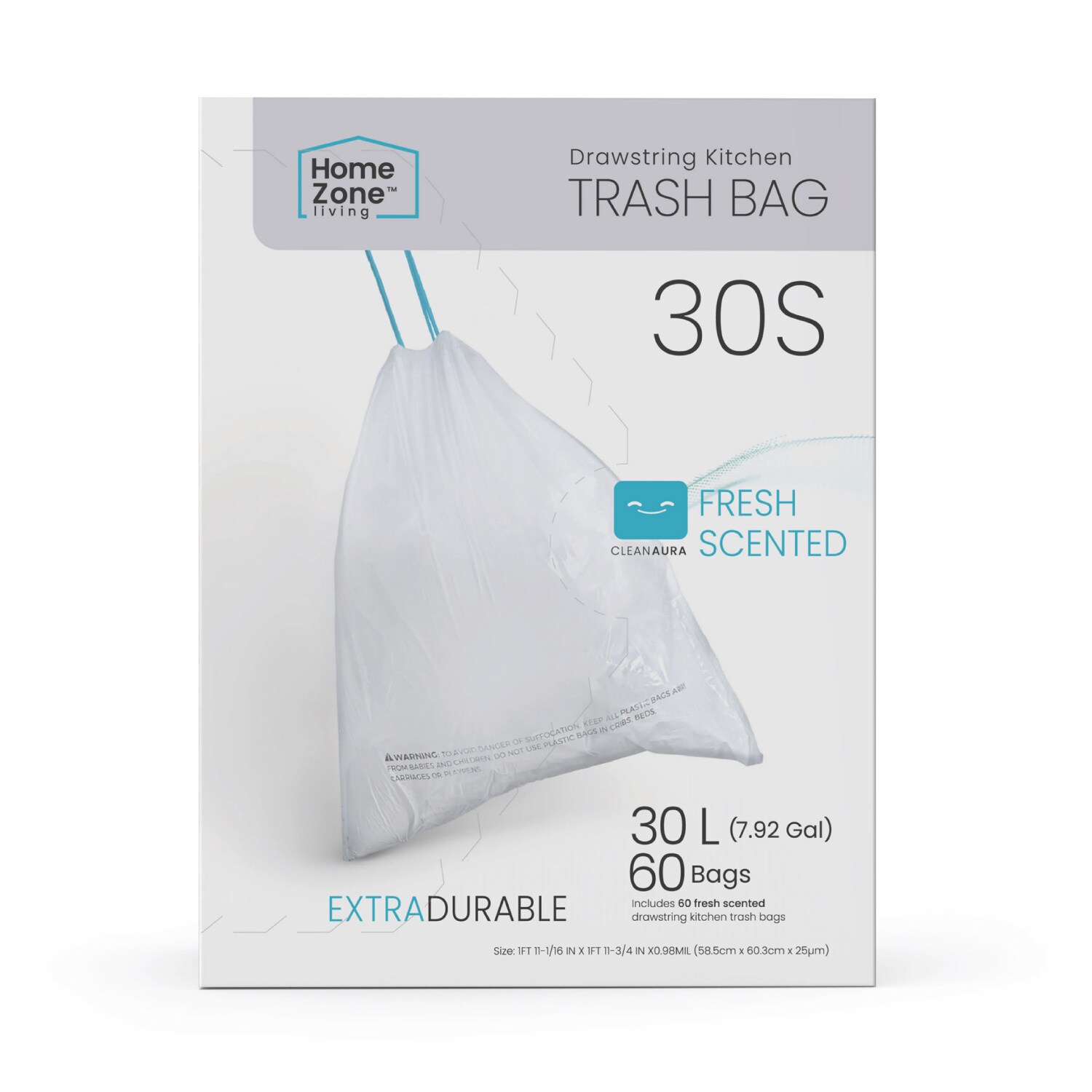Home Zone Living VA42184A Essential 8-Gallon Fresh White Indoor Polypropylene Can Drawstring Trash Bag 60 -Count