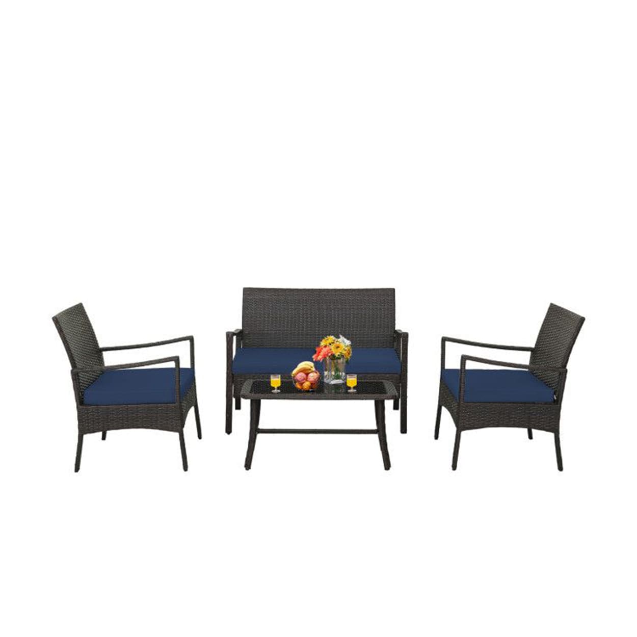 AHIOU HOME ZAAHD-HQ7YAYPS Eureka 4 -Piece Rattan Patio Conversation Set with Blue Cushions