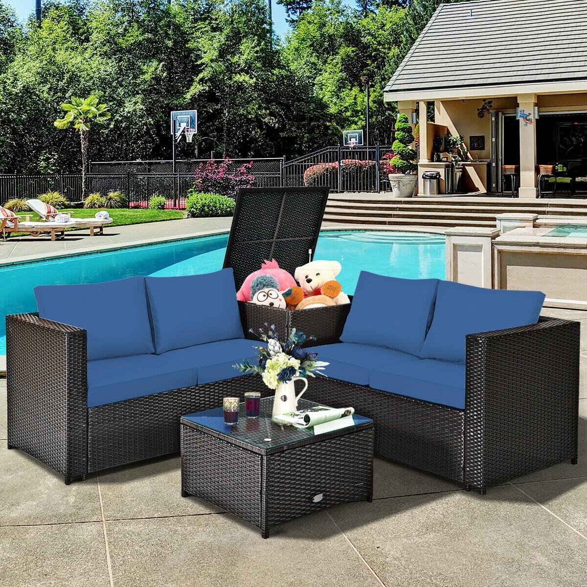 BABOOM BOM-14ANY+-CO 4 -Piece Rattan Patio Conversation Set with Blue Cushions