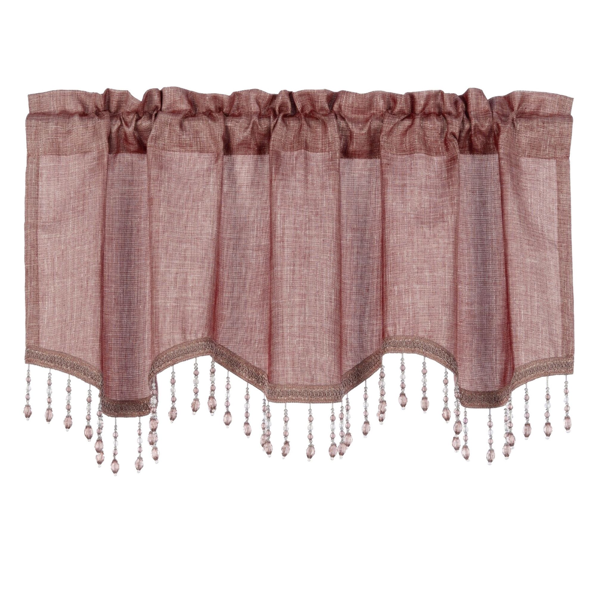 KATE AURORA 1 Piece Moroccan Sparkle Rod Pocket Semi Sheer Voile Beaded Trim Window Valance Burgundy