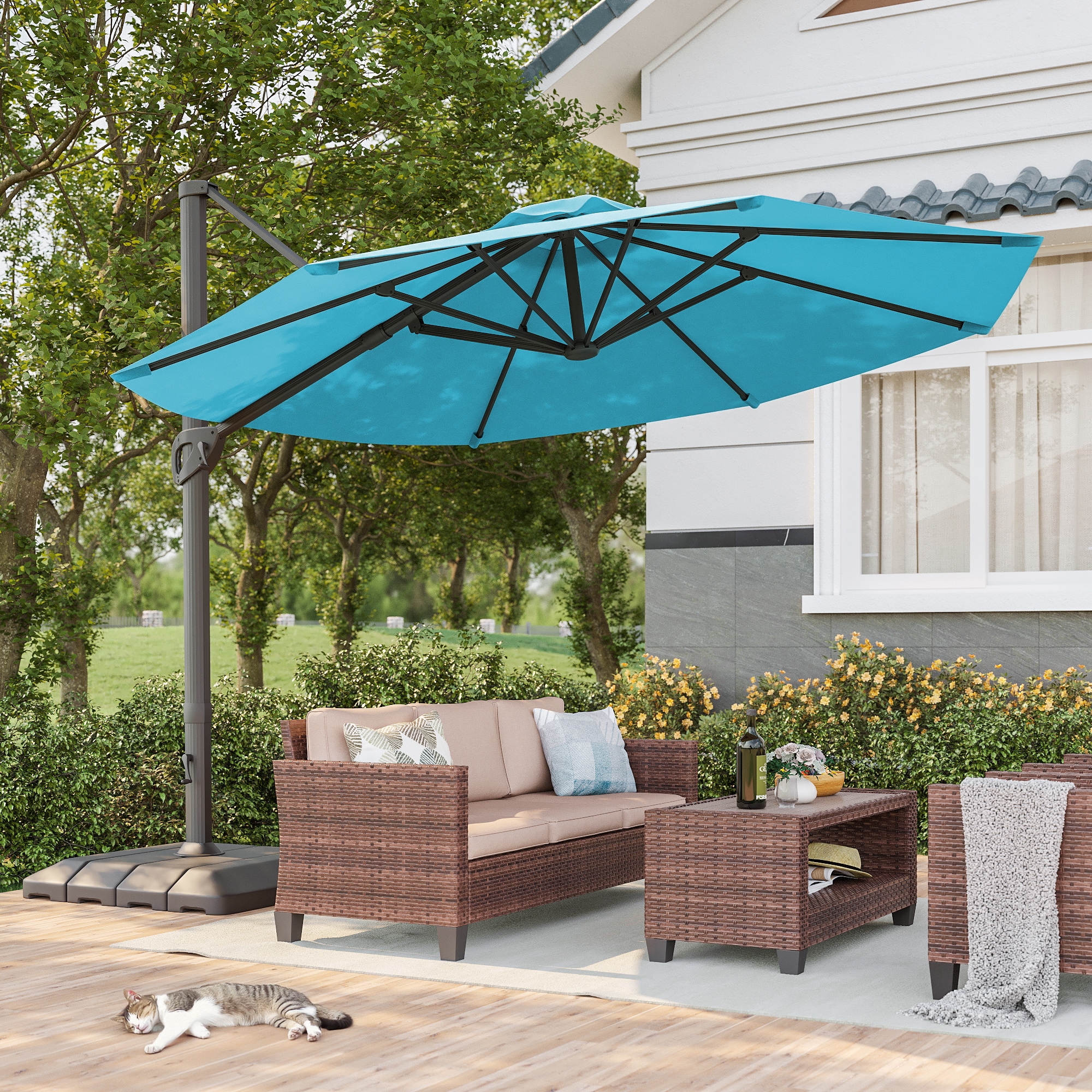 ACEGOSES LW-1159LB-LED-WB 11-ft Aluminum Blue No-tilt Cantilever Patio Umbrella with Base