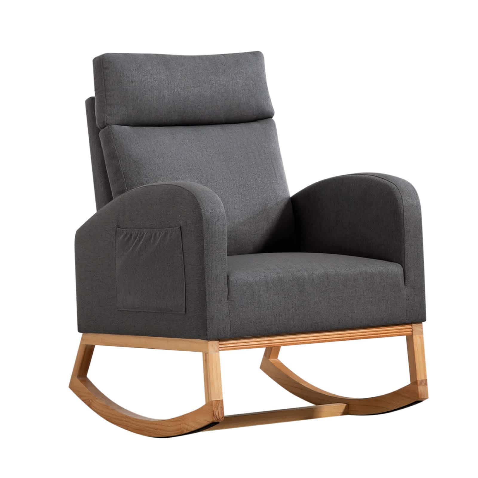 WhizMax KL-PHO-13KYKJ0L Modern Nursery Rocking Chair Plush Linen Upholstered Glider with Headrest and High Back Design Storage Pockets Solid Rubber Wood Legs Versatile Armchair for Living Room Bedroom Nursery Use