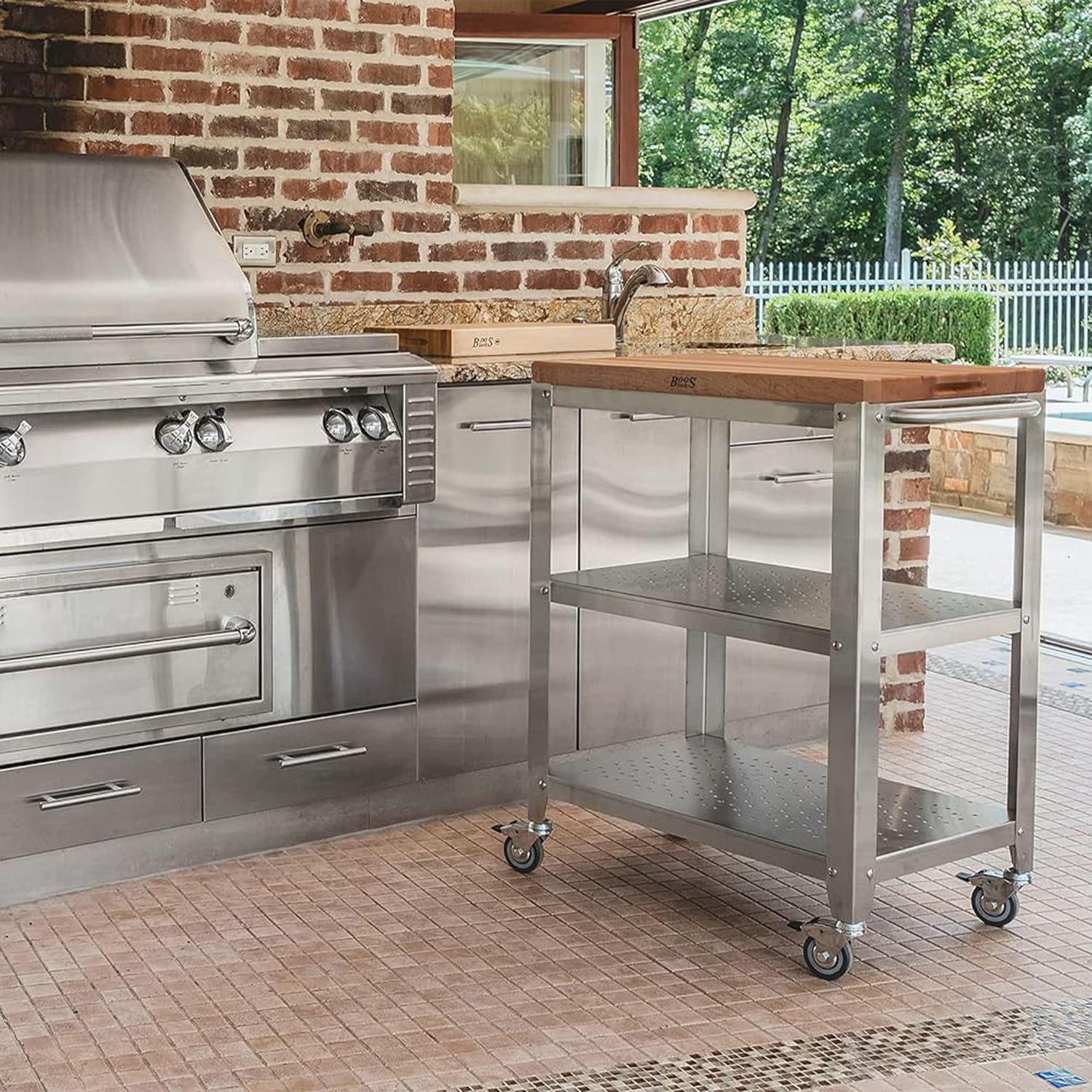 Maple Wood Butcher Block Kitchen Cart with Stainless Steel Frame