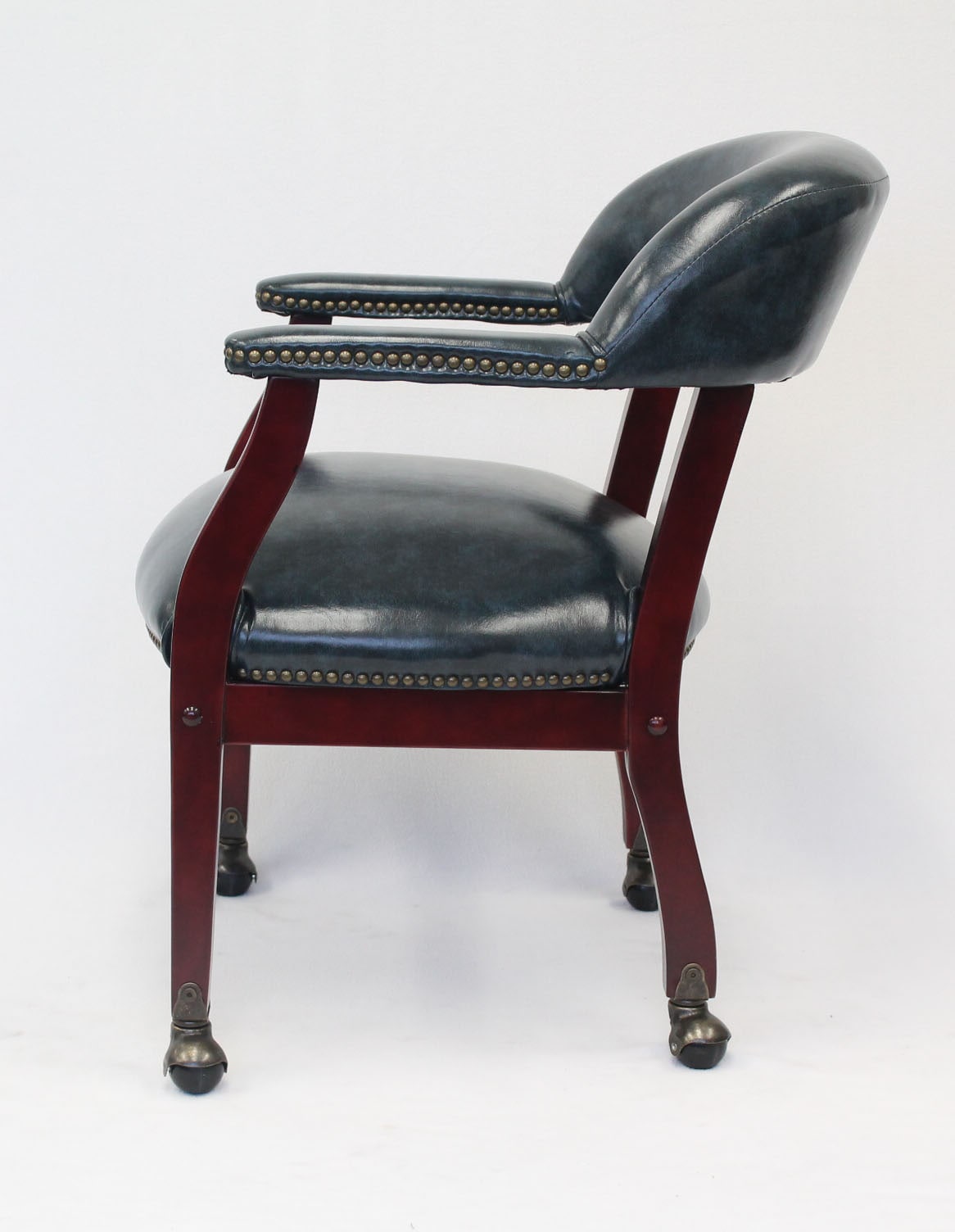 Mahogany Wood Base Blue Vinyl Swivel Reception Chair with Casters