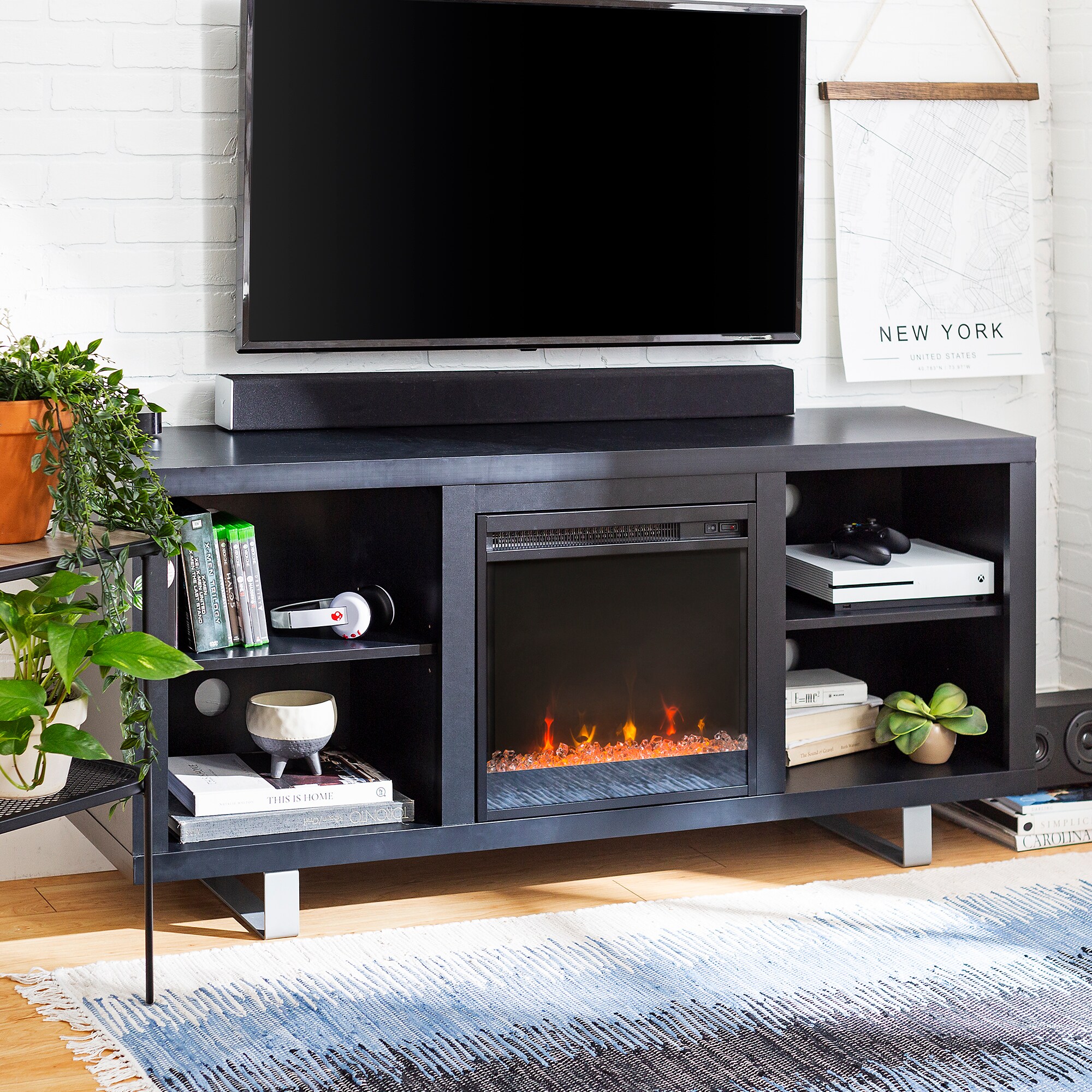 Walker Edison W58FP18SMSB 58-Inches W Black TV Stand with LED Flat wall Electric Fireplace