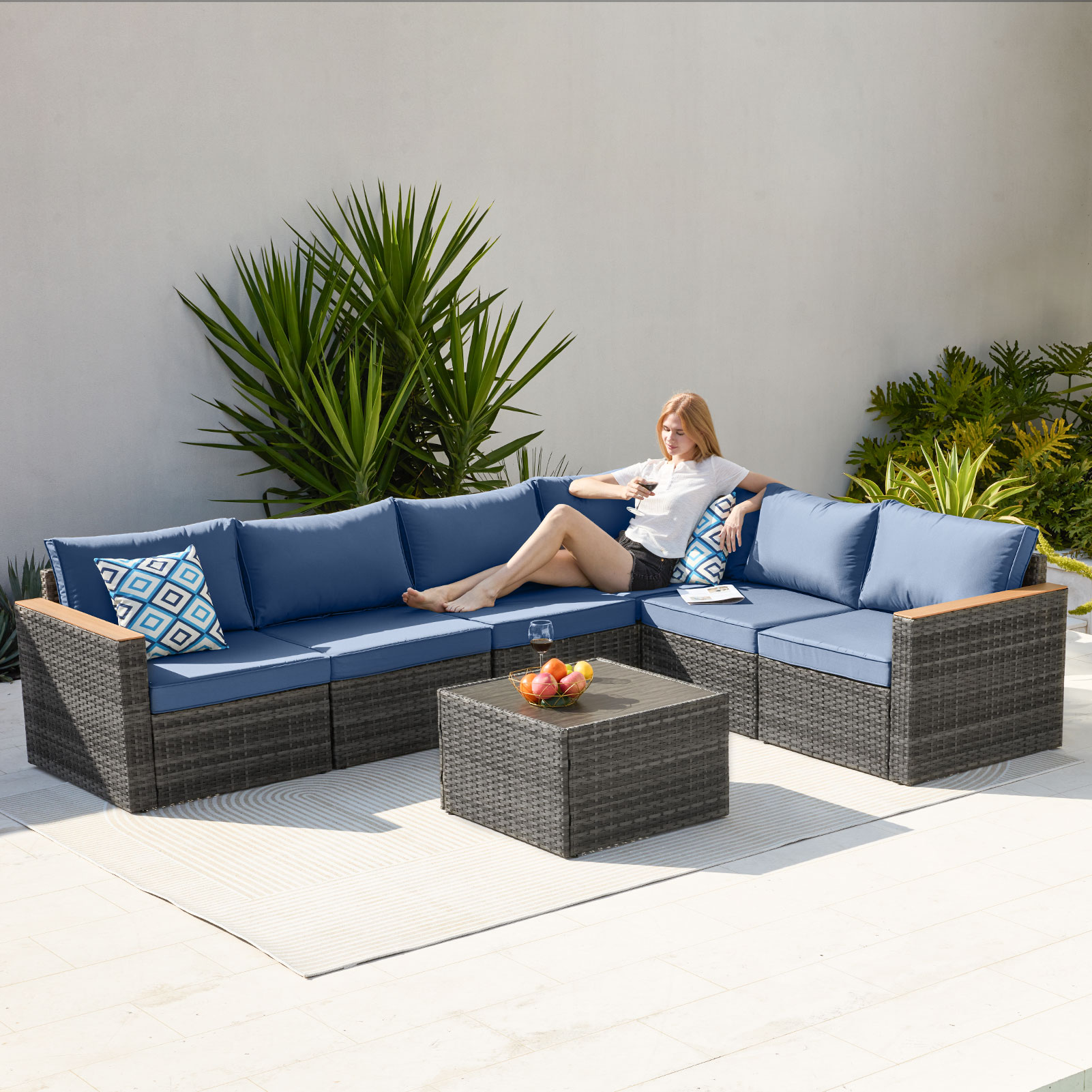 CESICIA JT35A 7 -Piece Wicker Patio Conversation Set with Black Cushions