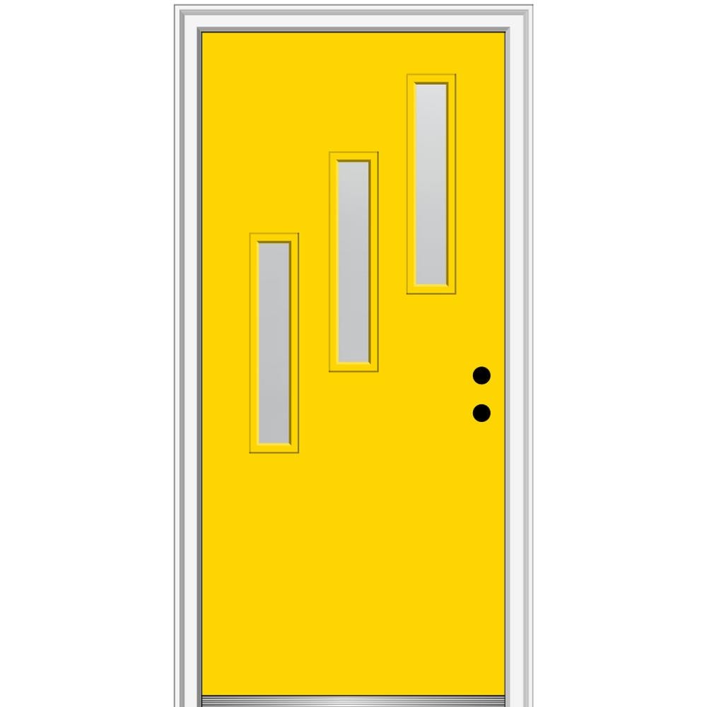 MMI DOOR ZZ348092L Spotlights 30-in x 80-in x 4-9/16-in Fiberglass Pulse lite Left-hand inswing Yellow Flash Painted Prehung Front Door with Brickmould Insulating core