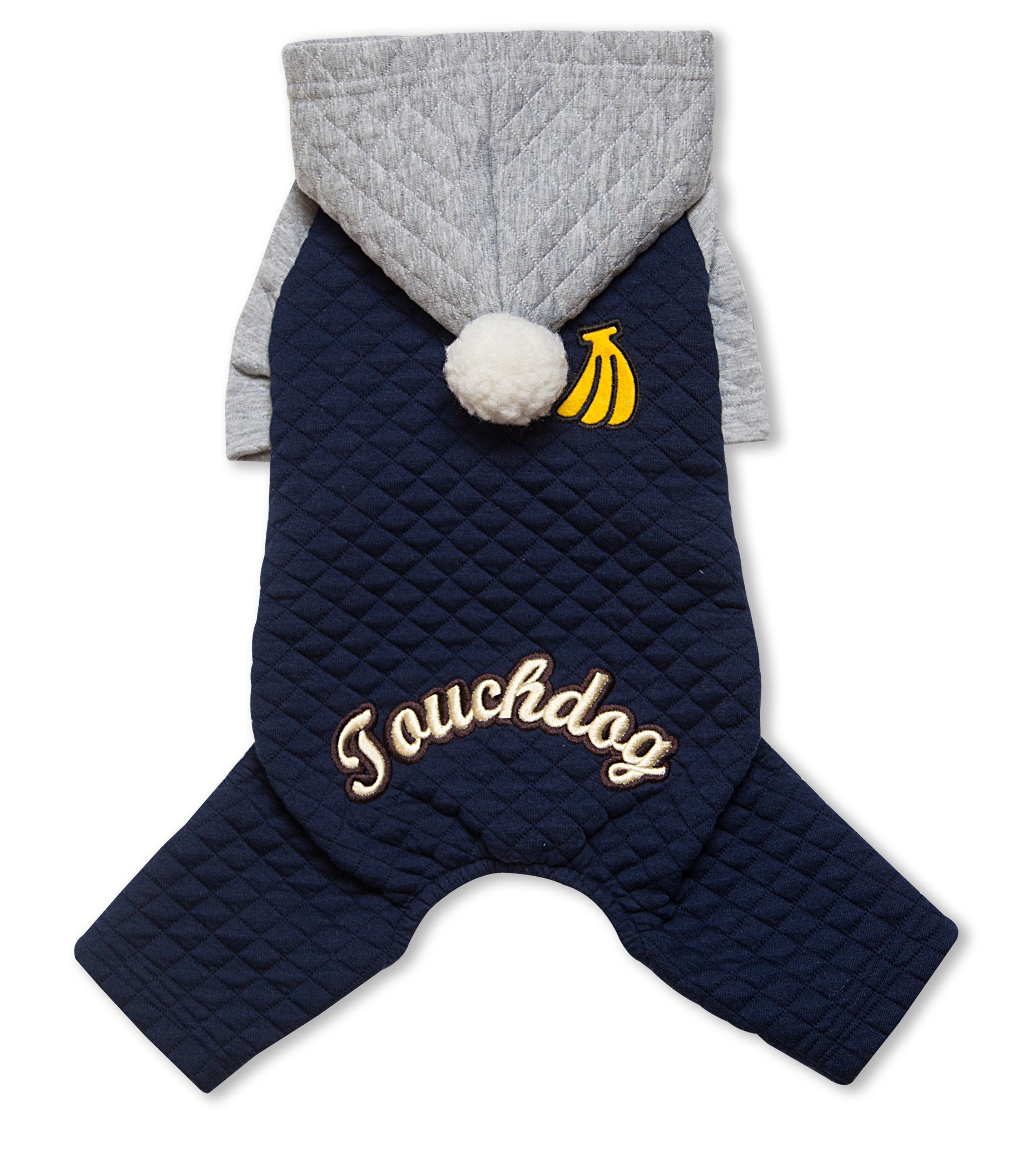 Touchdog Fashion Designer Full Body Quilted Pet Dog Hooded Sweater - Unisex, Medium, Navy/Grey, Polyester - Quilted Pom-Pom Hood, Designer Embroidery -  HD7NVMD