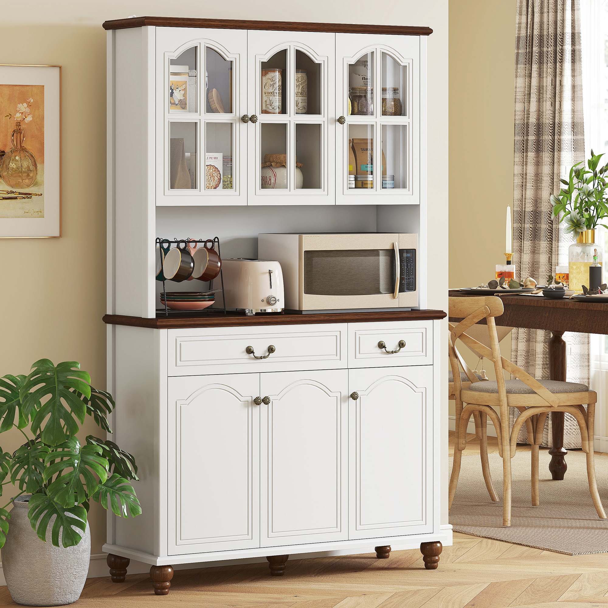 HomCom 835-930V00WT 71In Kitchen Pantry Cabinet Kitchen Hutch with Soft Closing Window Pane Doors Freestanding Storage Cabinet with Microwave Stand 2 Drawers and 3-Level Adjustable Shelves for Dining Room White