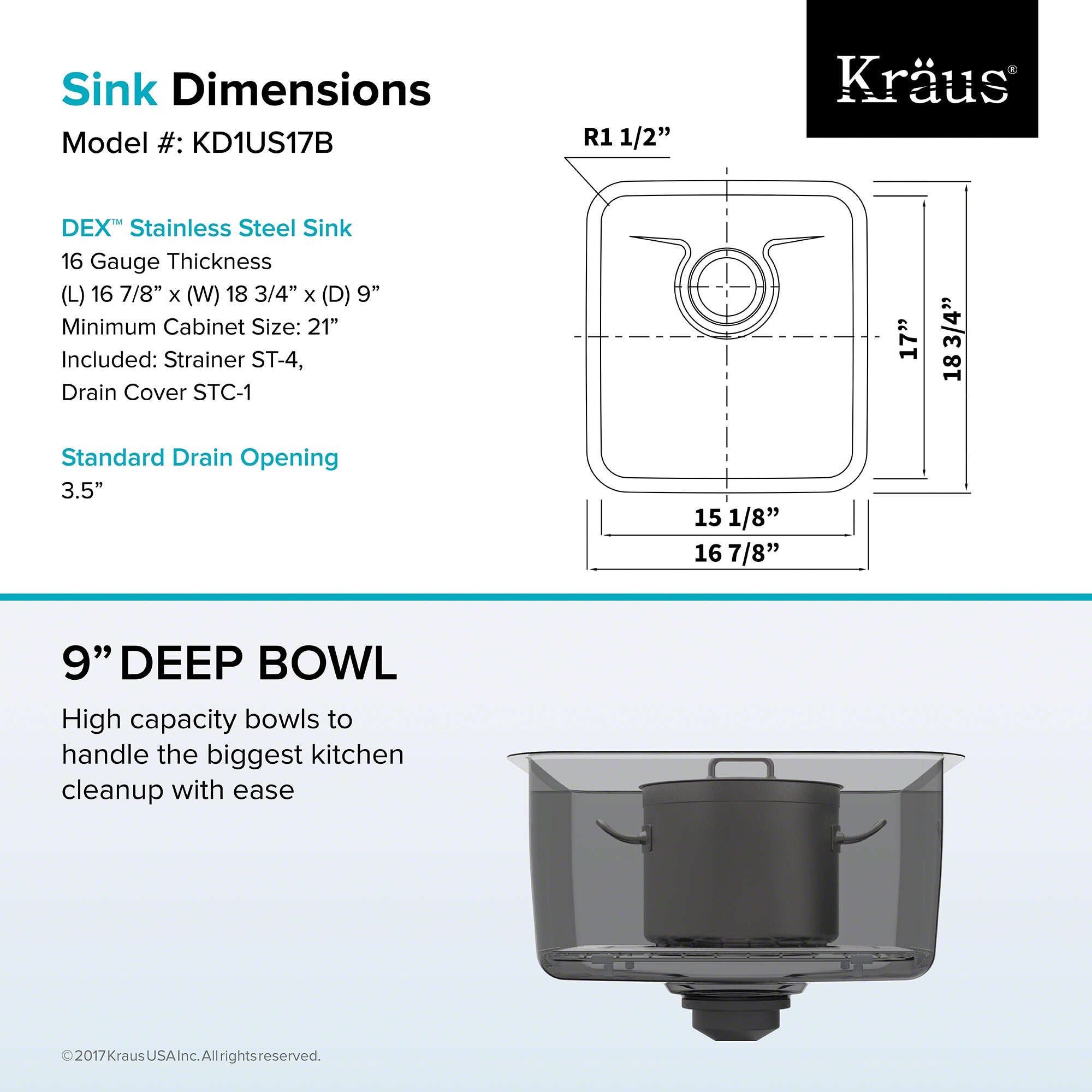 17-Inch Stainless Steel Undermount Single Bowl Kitchen Sink